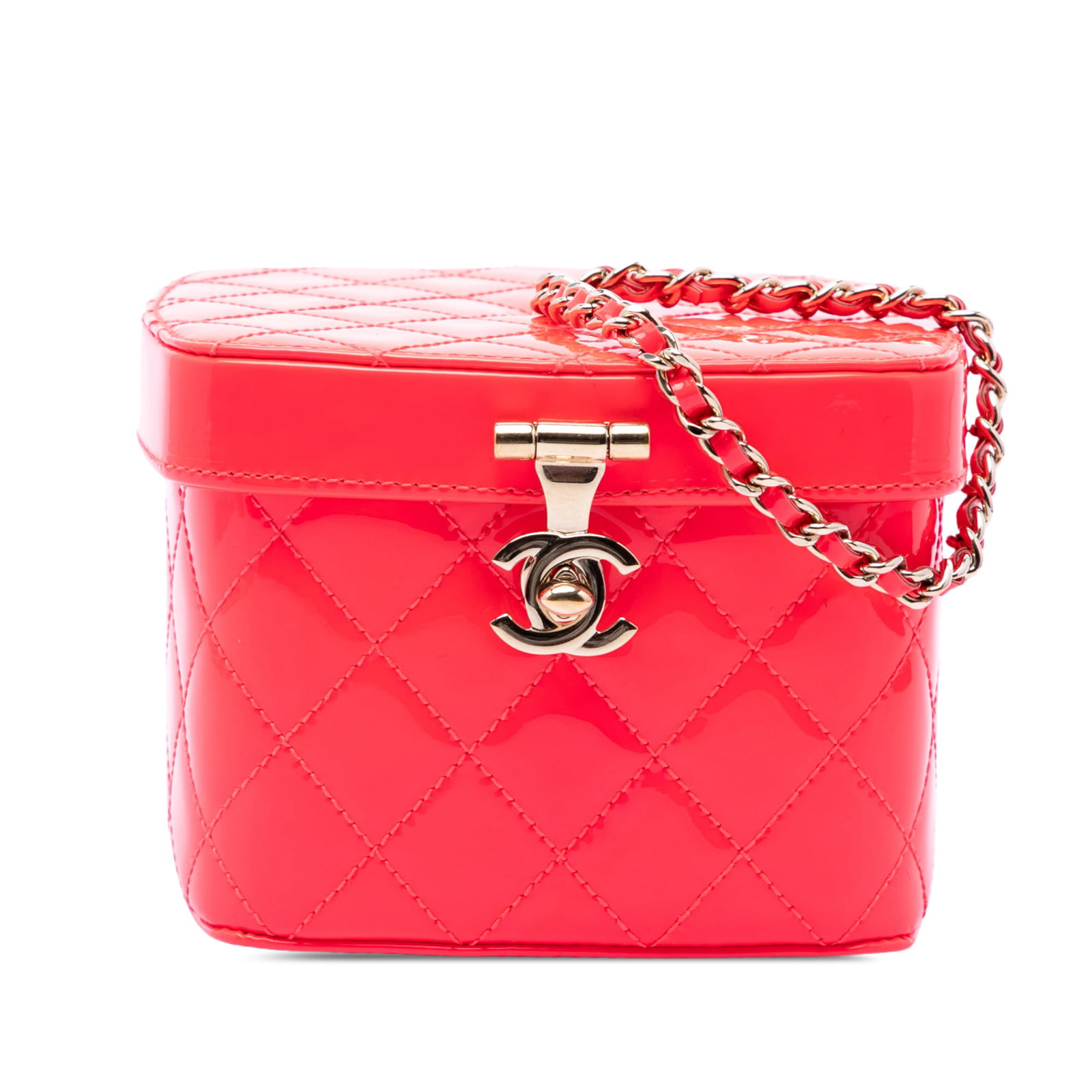 Chanel Mini CC Patent Leather Vanity Bag Pink Quilted: Chanel Mini CC Patent Leather Vanity Bag Pink Quilted Compact Chanel vanity bag crafted in pink quilted patent leather with a leather-woven chain handle and a top flap with flip-turn lock closure. Mad
