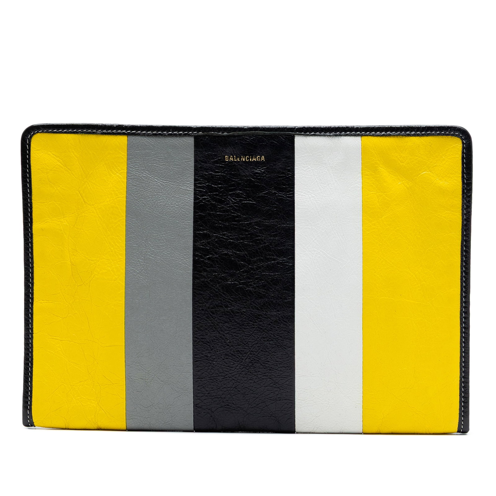 Balenciaga Bazar Yellow Leather Clutch with Zip Top Closure: Balenciaga Bazar Yellow Leather Clutch with Zip Top Closure This Balenciaga Lambskin Bazar Clutch features a yellow leather body with a top zip closure and an interior slip pocket. The bag shows signs