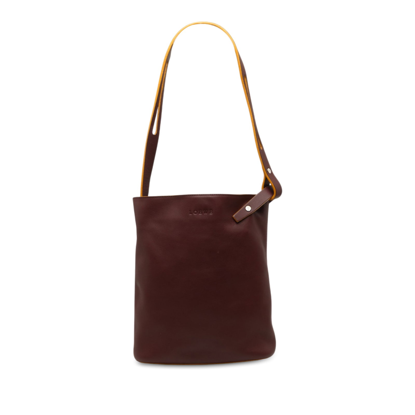 LOEWE Leather Shoulder Handbag Red Spain: LOEWE Leather Shoulder Handbag Red Spain LOEWE shoulder bag crafted in red leather with a flat leather strap, an open top with snap button closure, and an interior zip pocket. Made in Spain, this piec