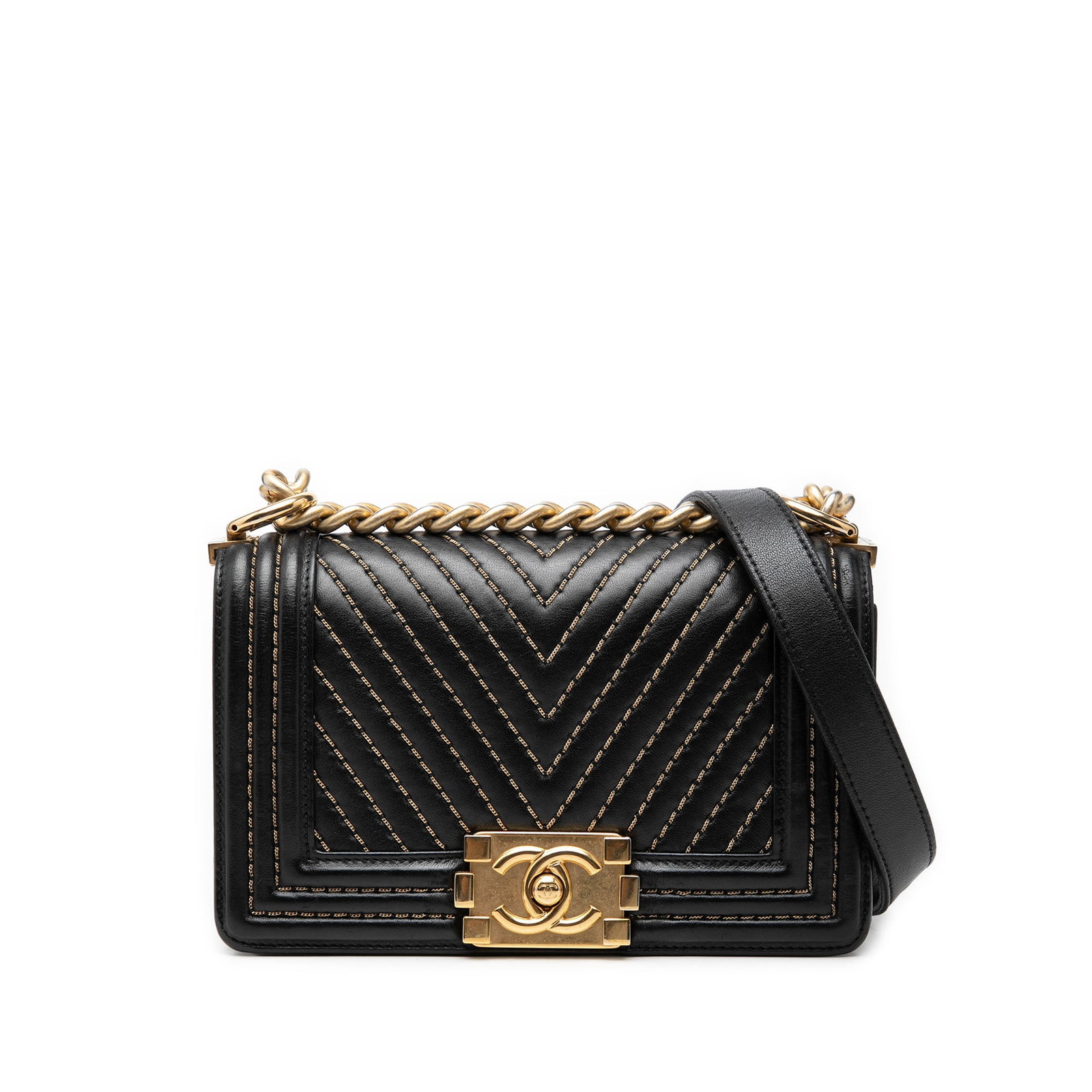 Chanel Boy Flap Small Black Chevron Lambskin Shoulder Bag: Chanel Boy Flap Small Black Chevron Lambskin Shoulder Bag Chanel Small Boy Flap bag in black chevron-stitched lambskin leather. It features a gold-tone curb chain shoulder strap with a leather guard, 