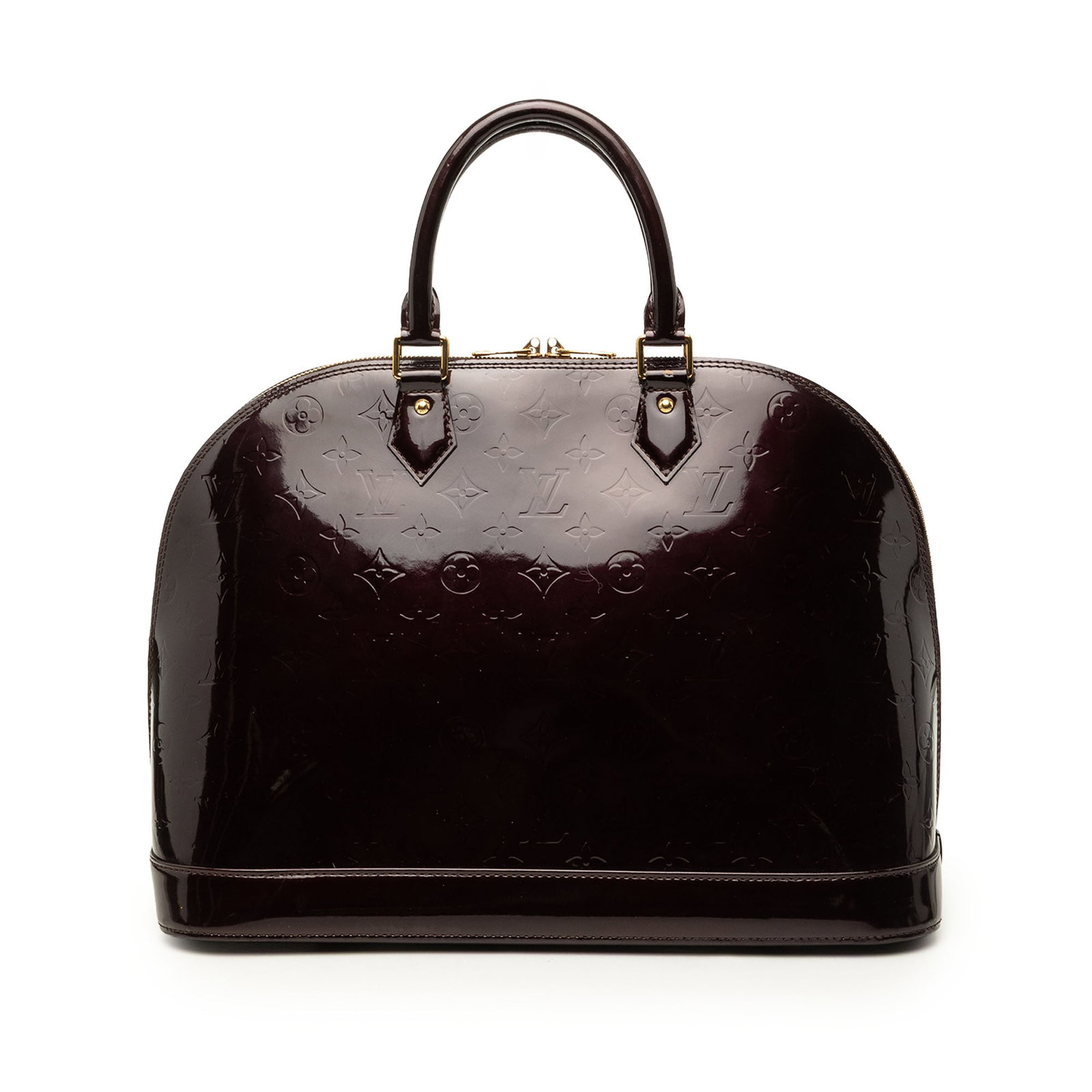 Louis Vuitton Alma GM Monogram Vernis Leather Handbag: Louis Vuitton Alma GM Monogram Vernis Leather Handbag This Louis Vuitton Alma GM is crafted in purple Monogram Vernis leather with rolled handles, a clochette, gold-tone hardware, a top zip closure, a
