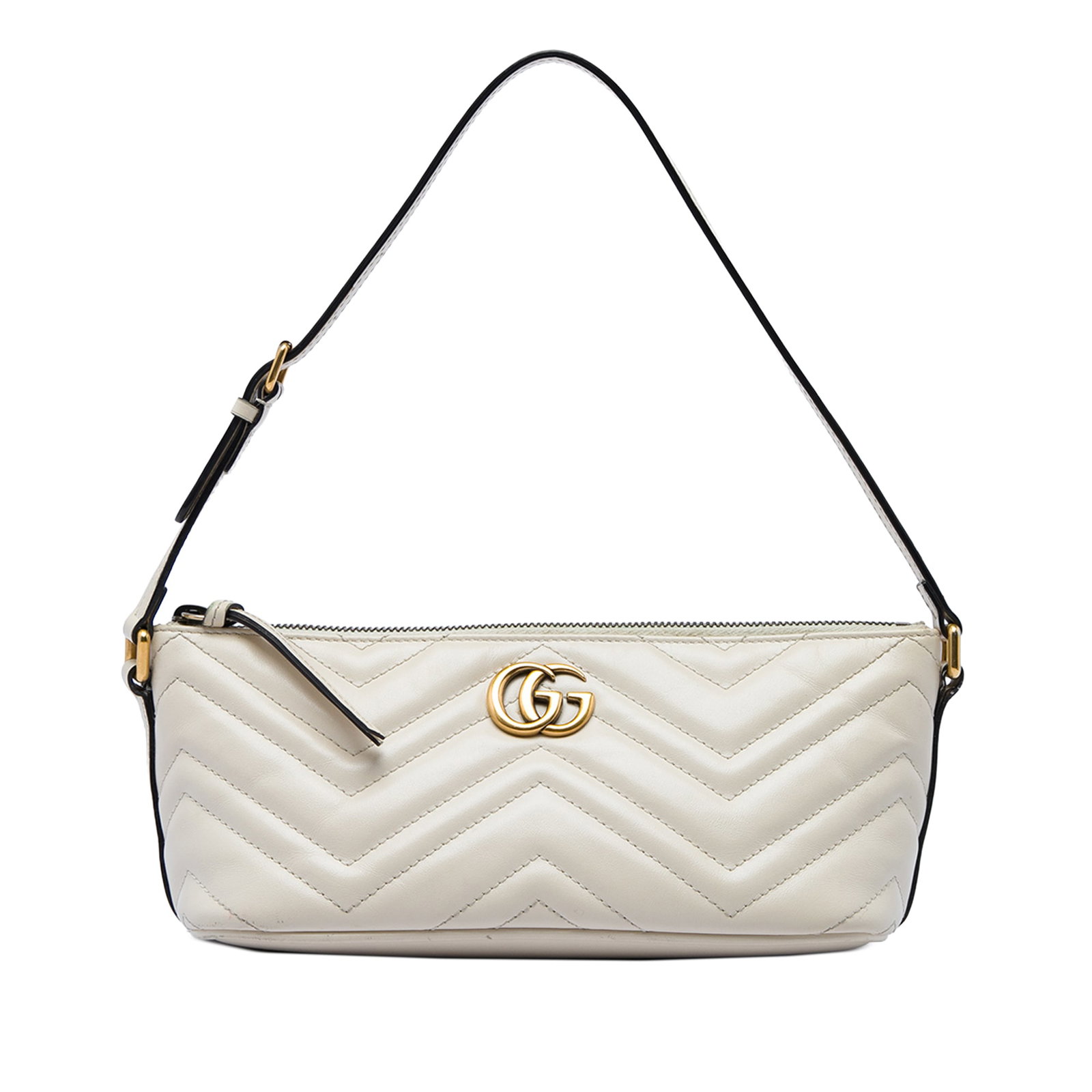 Gucci GG Marmont white quilted leather shoulder bag: Gucci GG Marmont white quilted leather shoulder bag Gucci GG Marmont Matelasse calfskin shoulder bag in white with a quilted leather body, adjustable flat leather shoulder strap, top zip closure, and 