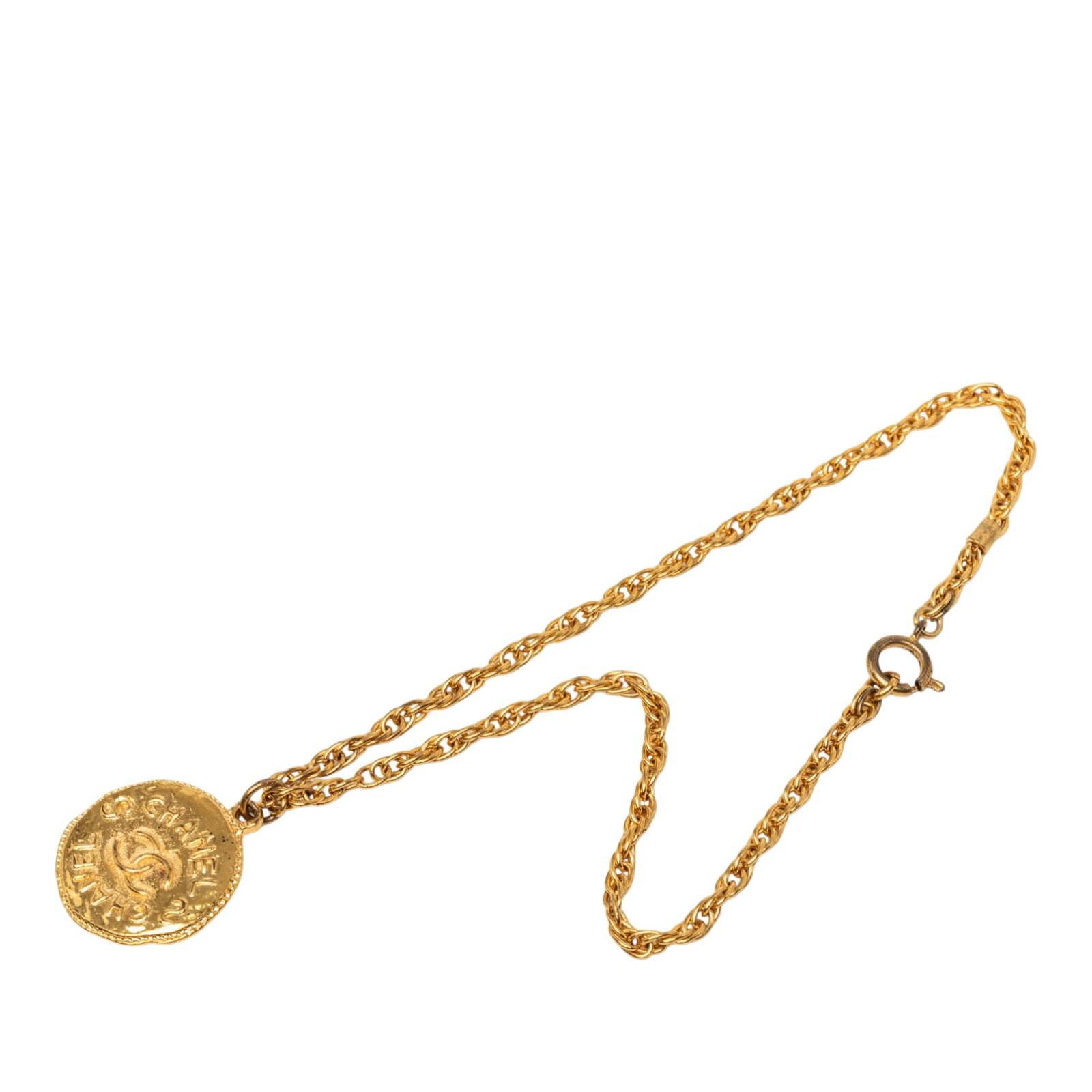 Chanel Medallion Pendant Necklace Gold Plated CC: Chanel Medallion Pendant Necklace Gold Plated CC Chanel medallion pendant necklace in gold plated metal with a spring ring closure. Made in France, this costume jewelry piece features the iconic CC mo