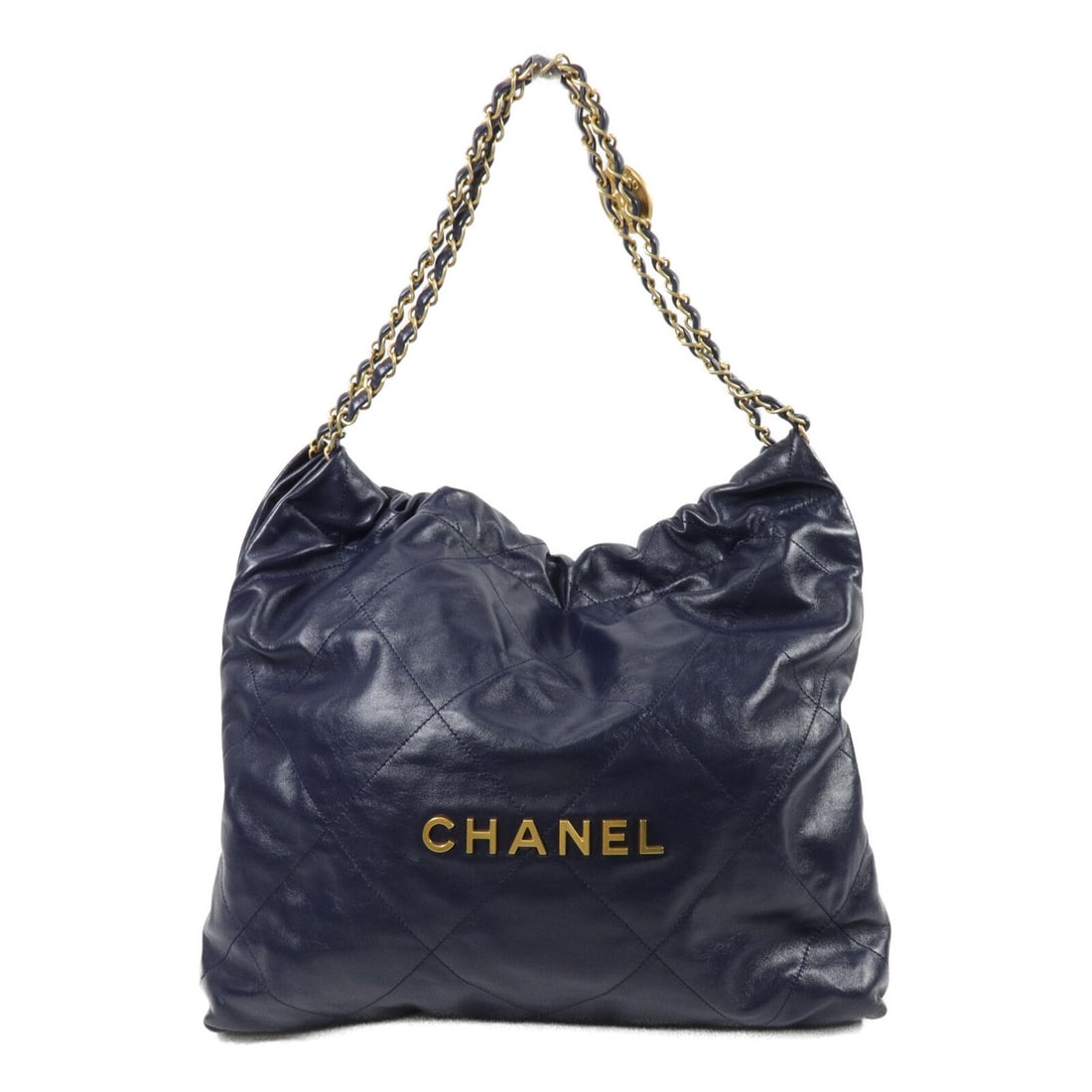 CHANEL Chanel 22 Medium Navy Calfskin Shoulder Bag AS3261: CHANEL Chanel 22 Medium Navy Calfskin Shoulder Bag AS3261 Medium Chanel 22 chain shoulder bag in navy calfskin leather with a magnetic pocket and one interior zip pocket. Includes storage bags, hologr