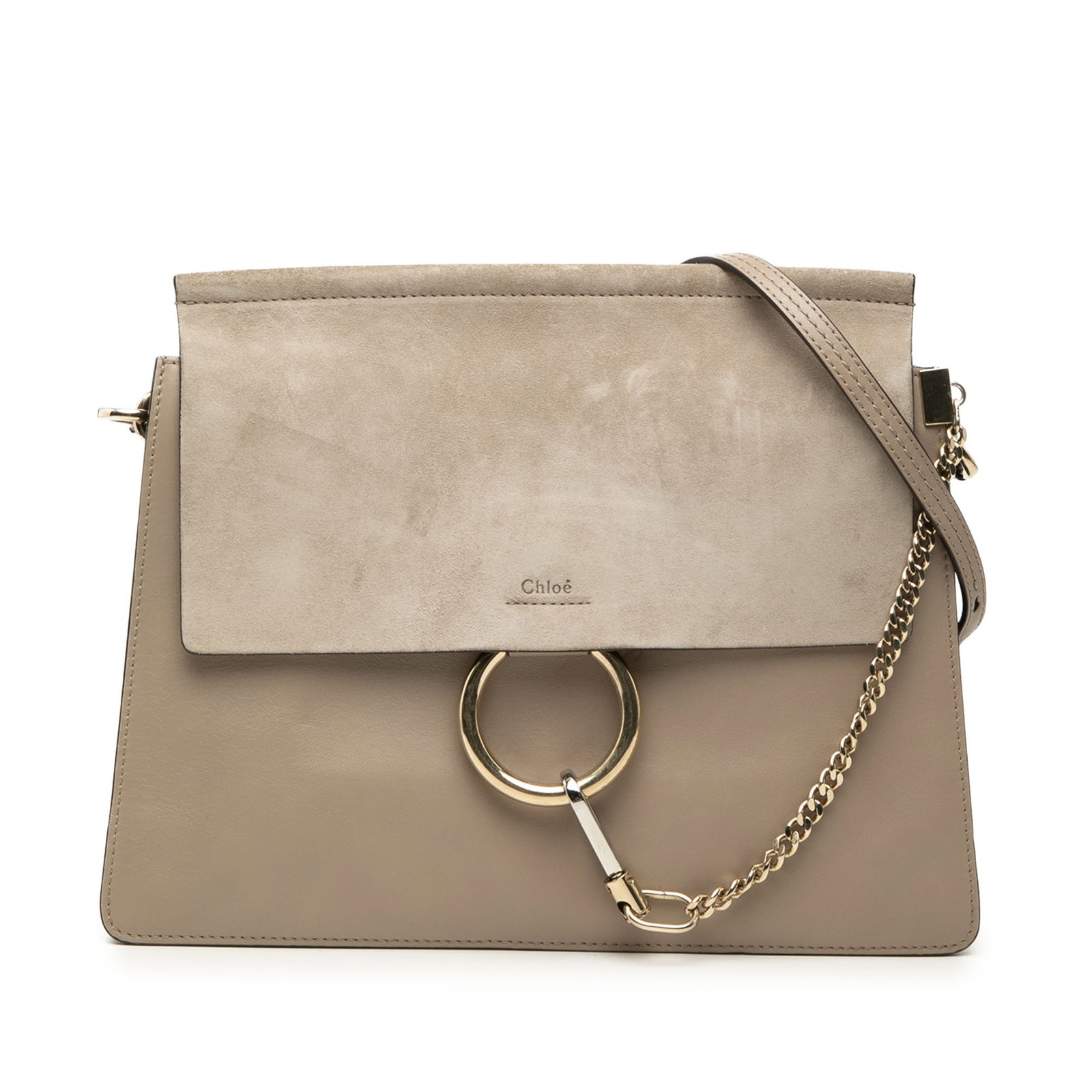 Chloe Faye Medium Gray Leather Shoulder Bag: Chloe Faye Medium Gray Leather Shoulder Bag Chloe Medium Leather Faye Shoulder Bag in gray leather with a suede front flap and hook closure. The bag features an adjustable and detachable flat leather 