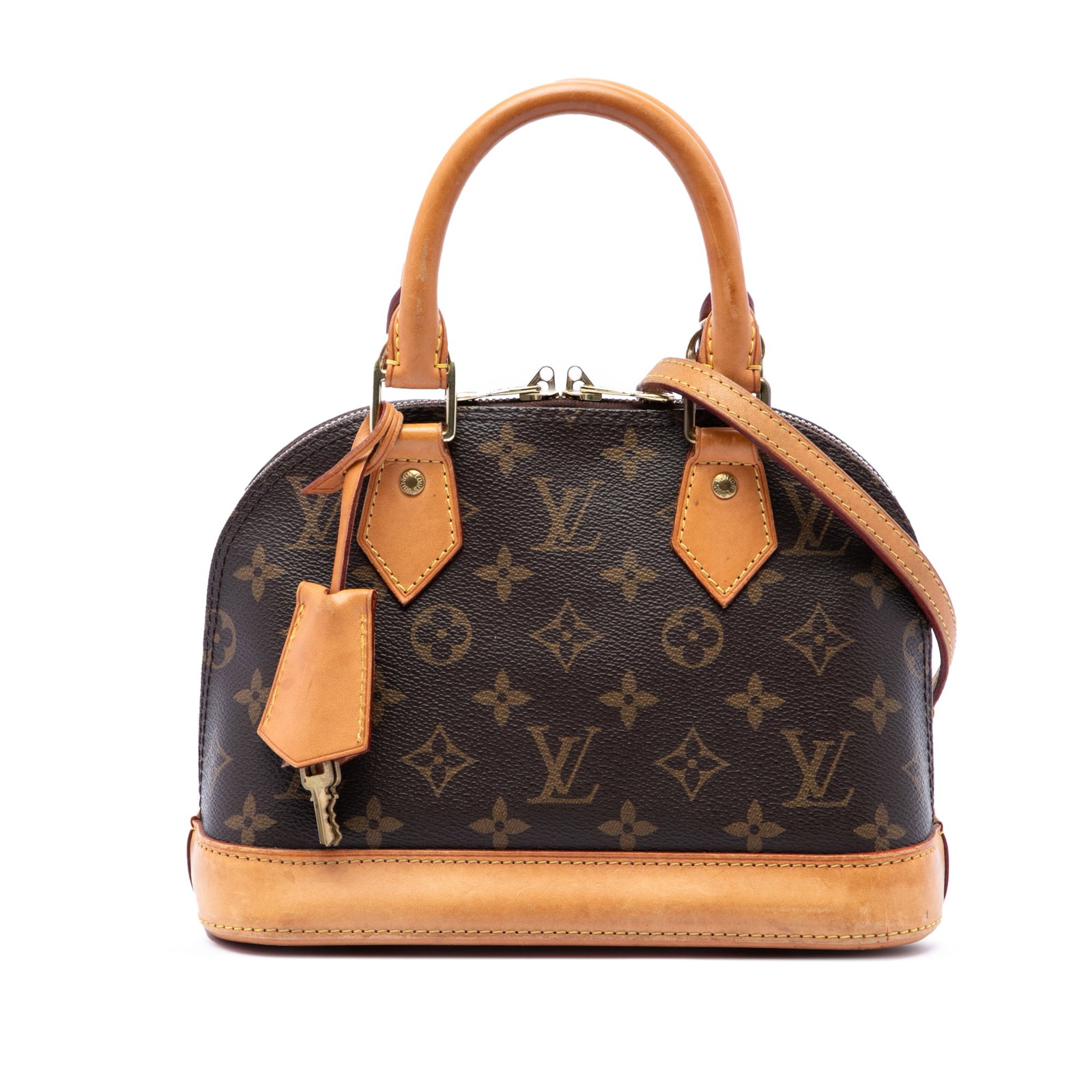 Louis Vuitton Alma BB Monogram Canvas Satchel with Strap: Louis Vuitton Alma BB Monogram Canvas Satchel with Strap Louis Vuitton Monogram Alma BB handbag crafted with a monogram canvas body and vachetta leather trim. It features rolled vachetta leather handl