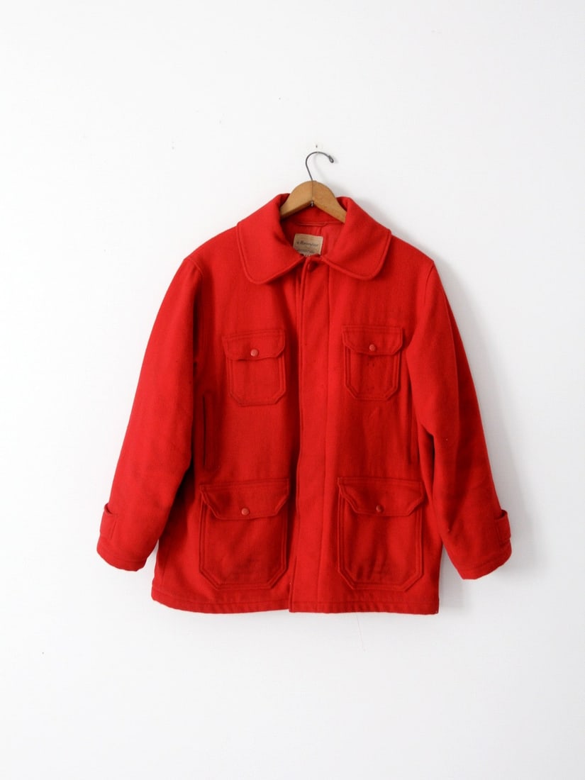 Vintage 1950s Montgomery Ward Western Field Red Wool Coat: Vintage 1950s Montgomery Ward Western Field Red Wool Coat Discover a classic piece of American heritage with this vintage 1950s wool coat from Montgomery Ward's Western Field collection. Crafted from 