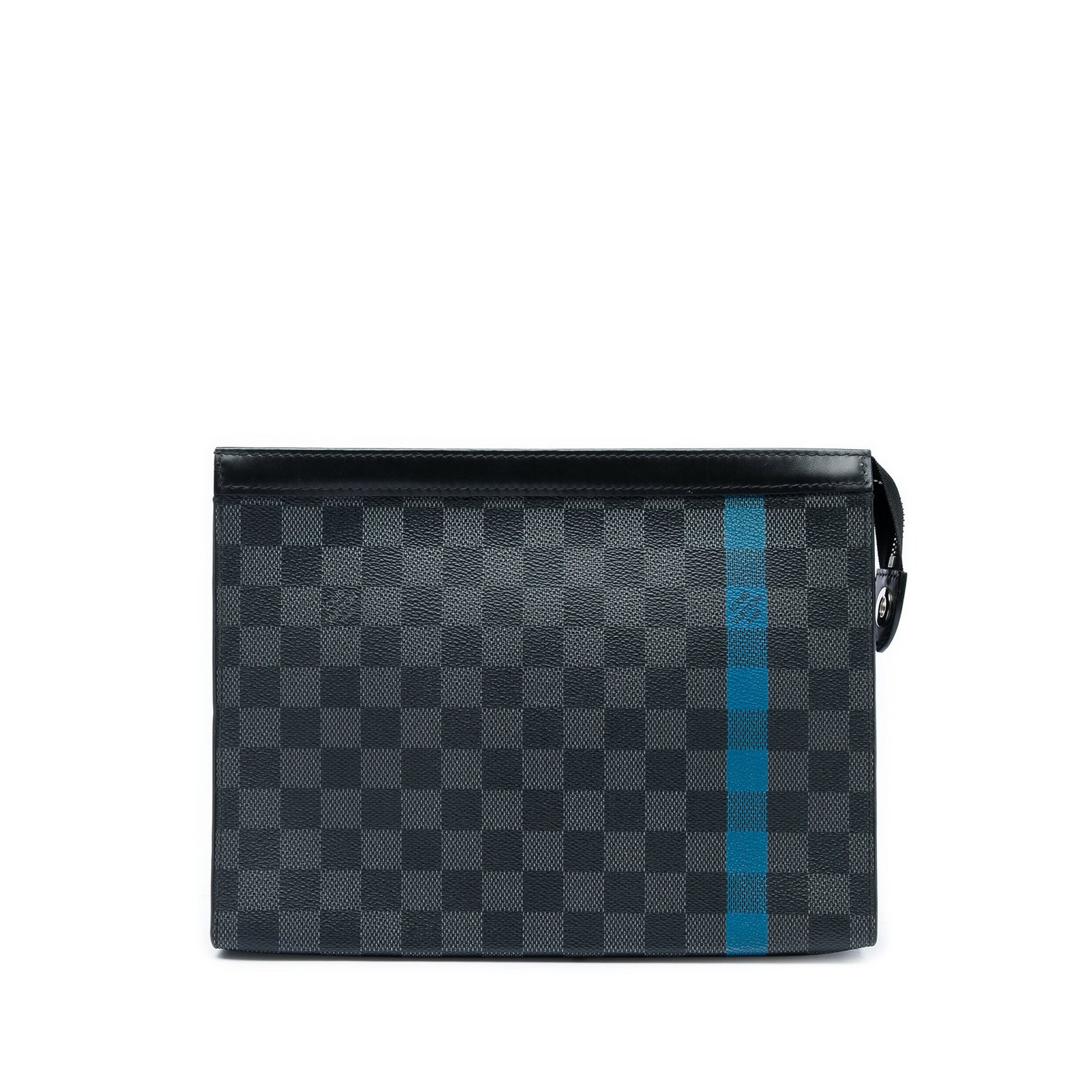 Louis Vuitton Pochette Voyage MM Damier Graphite Stripe Clutch Bag: Louis Vuitton Pochette Voyage MM Damier Graphite Stripe Clutch Bag A Louis Vuitton Damier Graphite Stripe Pochette Voyage MM crafted with a damier canvas body and leather trim. This zip-top pouch feat