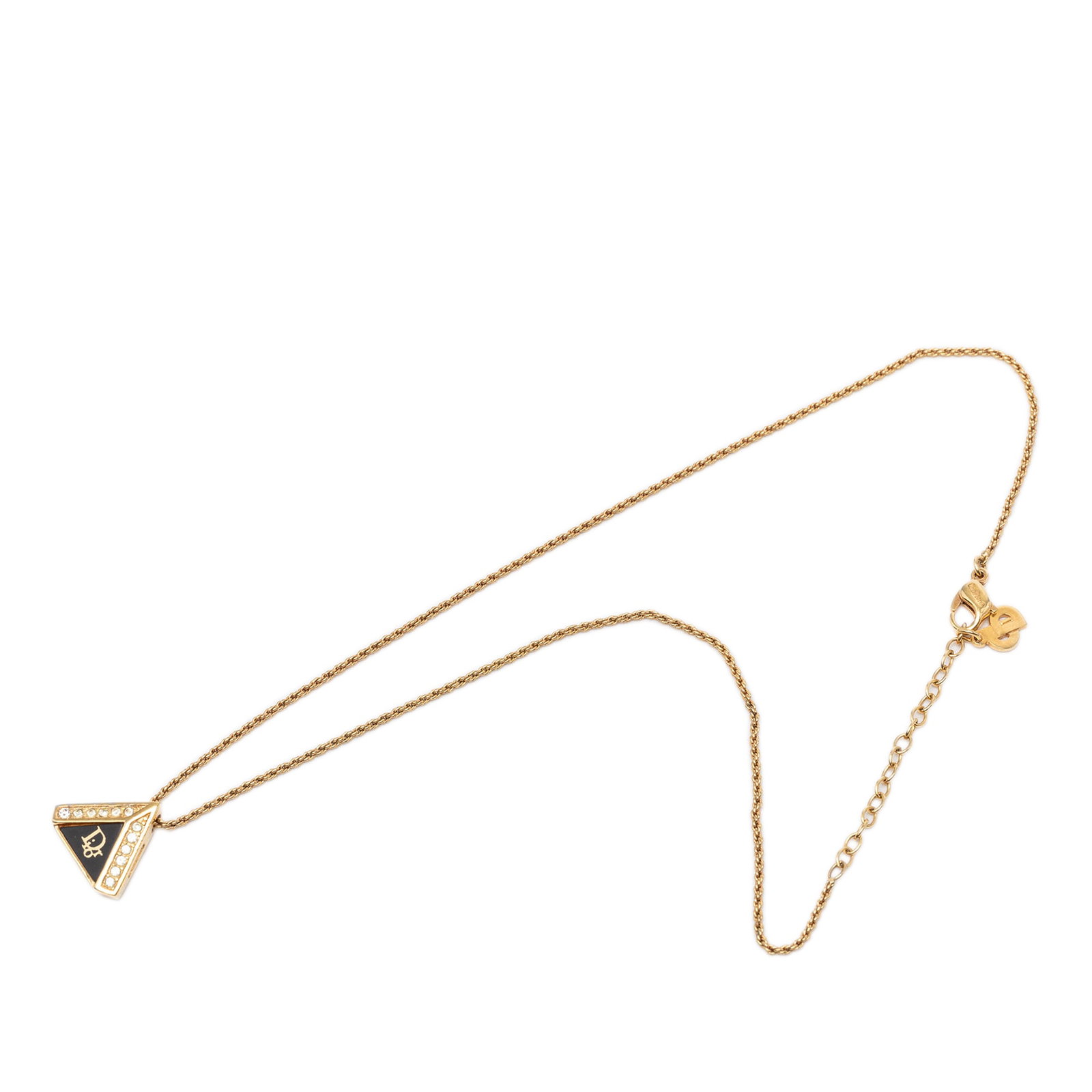 Dior Triangle Logo Necklace Gold Plated Enamel Strass: Dior Triangle Logo Necklace Gold Plated Enamel Strass Dior necklace with a gold-plated metal body, enamel detailing, and a rhinestone-embellished triangle logo pendant. It features a lobster clasp clo