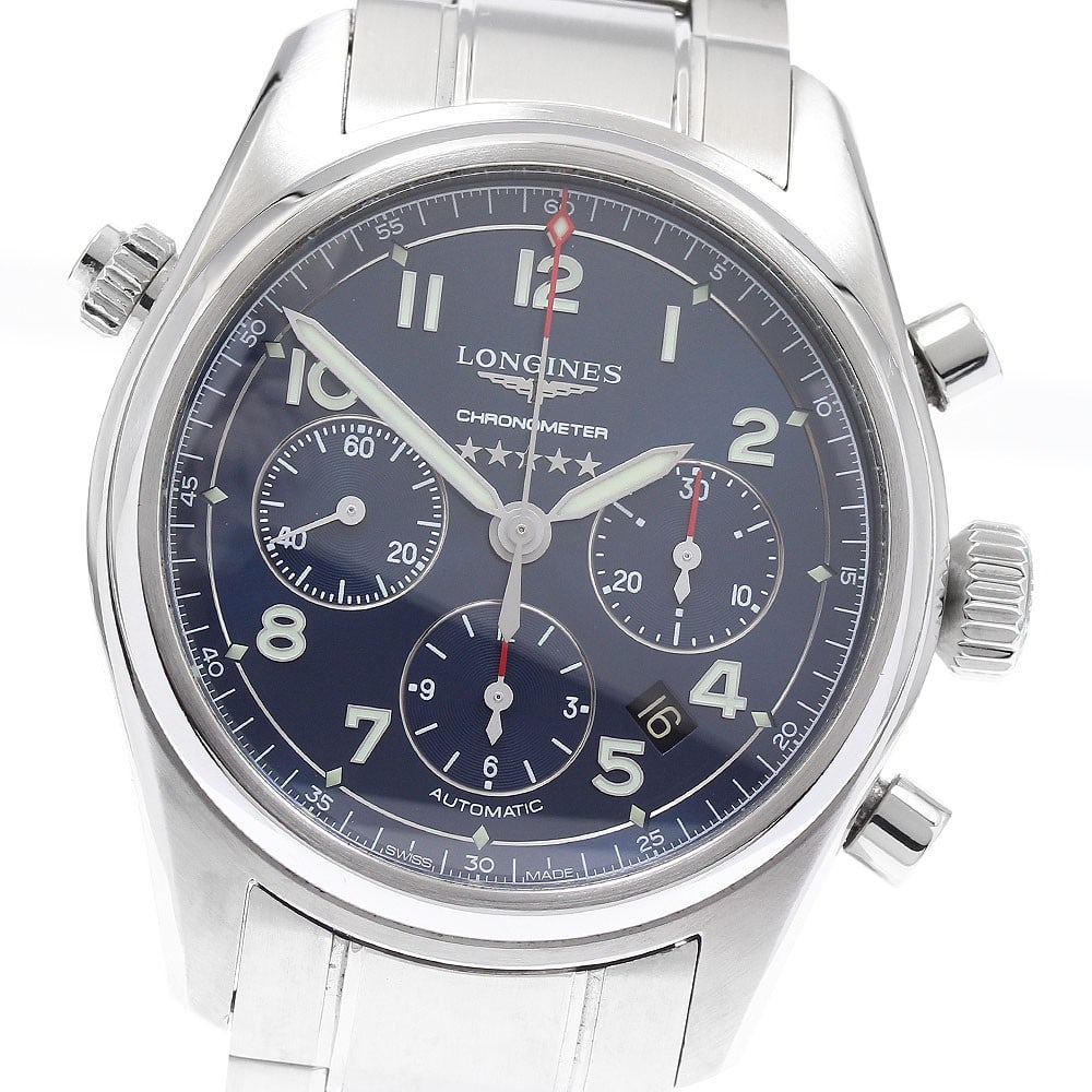 Longines Spirit L3.820.4.93.6 mens automatic chronograph watch blue dial: Longines Spirit L3.820.4.93.6 mens automatic chronograph watch blue dial Longines Spirit Chronograph automatic men's wristwatch with a blue dial and stainless steel case and bracelet. This watch featu