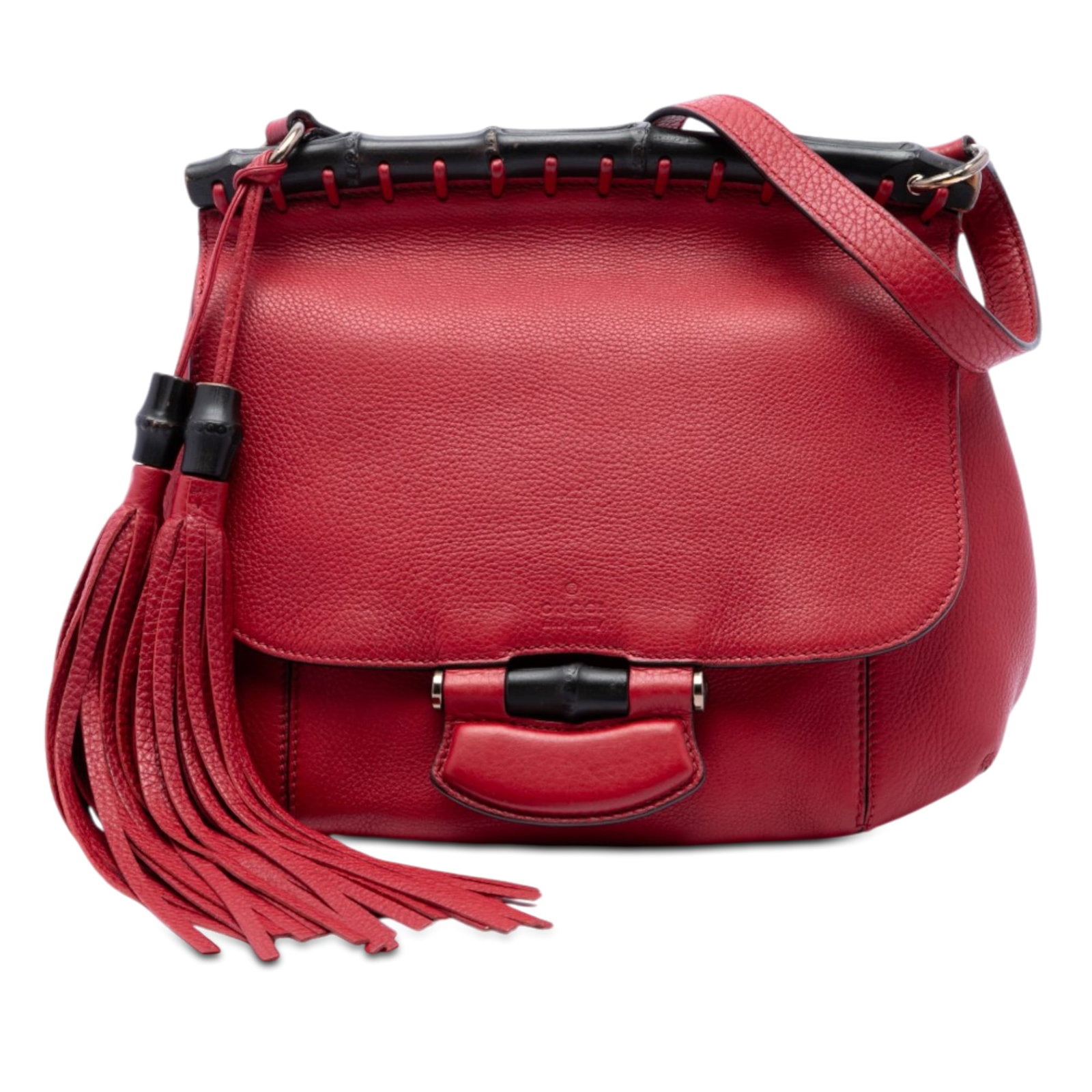 Gucci Nouveau Fringe Medium Leather Crossbody Bag with Bamboo Closure: Gucci Nouveau Fringe Medium Leather Crossbody Bag with Bamboo Closure A Gucci medium crossbody bag crafted in red leather with fringe detailing and a front flap accented by a bamboo closure. The desig