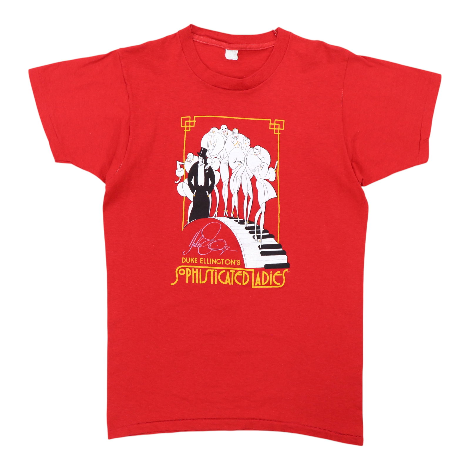Vintage 1981 Duke Ellington's Sophisticated Ladies Red Shirt: Vintage 1981 Duke Ellington's Sophisticated Ladies Red Shirt Original vintage 1981 Duke Ellington's Sophisticated Ladies shirt. This is a true vintage piece, not a modern reproduction. It has no back 