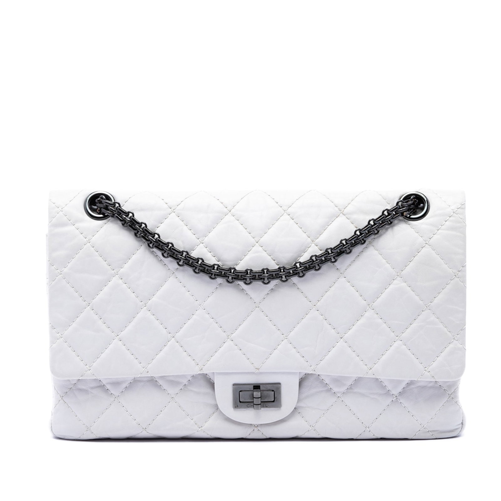 Chanel Reissue 2.55 226 Quilted Aged Calfskin Shoulder Bag: Chanel Reissue 2.55 226 Quilted Aged Calfskin Shoulder Bag A Chanel Reissue 2.55 Double Flap 226 shoulder bag crafted in white quilted aged calfskin. This design features chain link shoulder straps, d