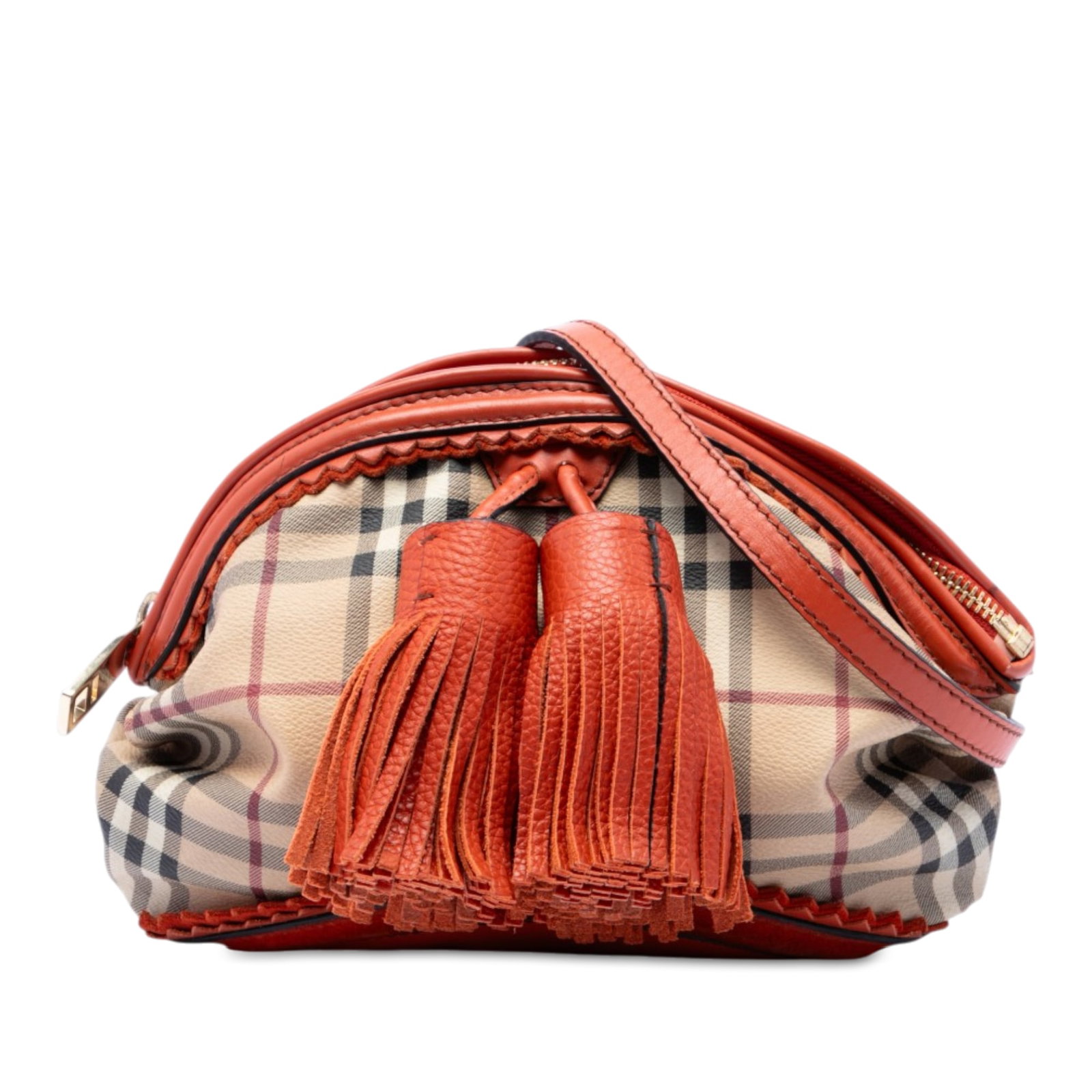 Burberry Prorsum Haymarket Check Brogue Tassel Coated Canvas Crossbody Bag: Burberry Prorsum Haymarket Check Brogue Tassel Coated Canvas Crossbody Bag Burberry Prorsum Haymarket Check crossbody bag in coated canvas with leather trim and brogue tassel detail. It features a fla