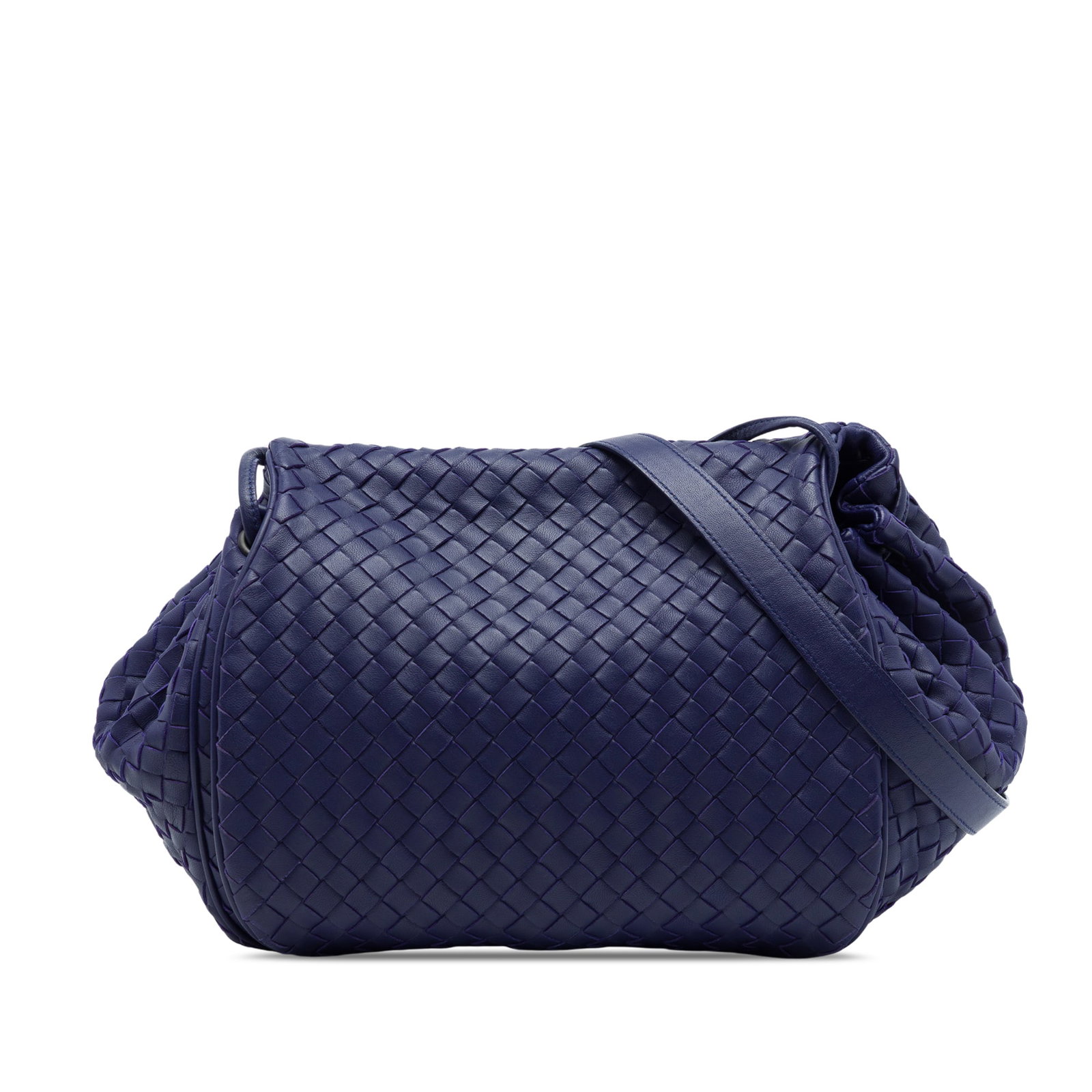 Bottega Veneta Intrecciato Nappa Leather Crossbody Bag Blue: Bottega Veneta Intrecciato Nappa Leather Crossbody Bag Blue A Bottega Veneta crossbody bag crafted in blue woven nappa leather with the signature Intrecciato look. It features a flat leather strap, fr