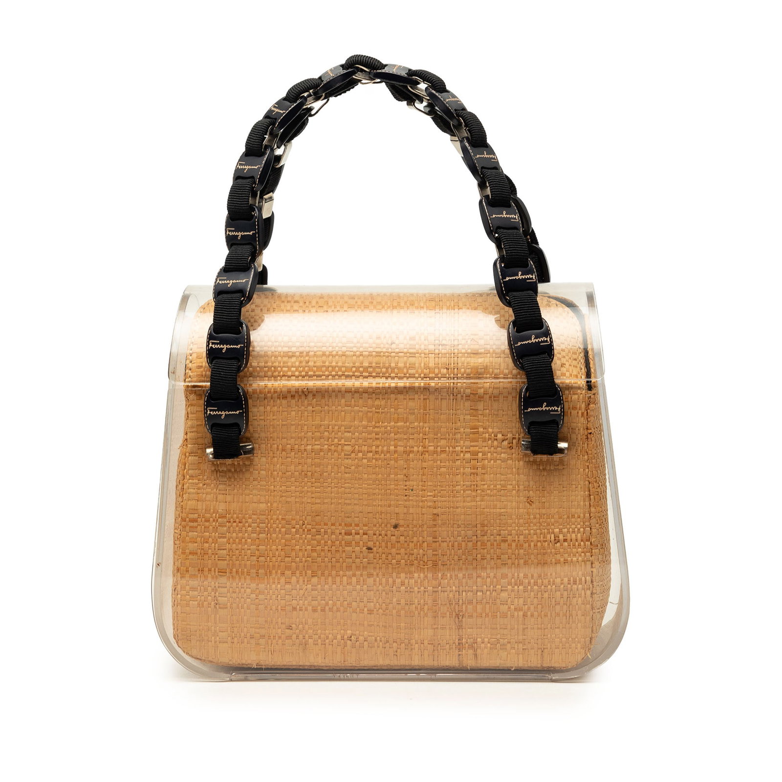 Ferragamo Acrylic Handbag with Raffia and Fabric Inserts: Ferragamo Acrylic Handbag with Raffia and Fabric Inserts Ferragamo acrylic handbag with interchangeable raffia and fabric inserts, nylon woven chain link handles, and a clasp closure. The bag shows vi
