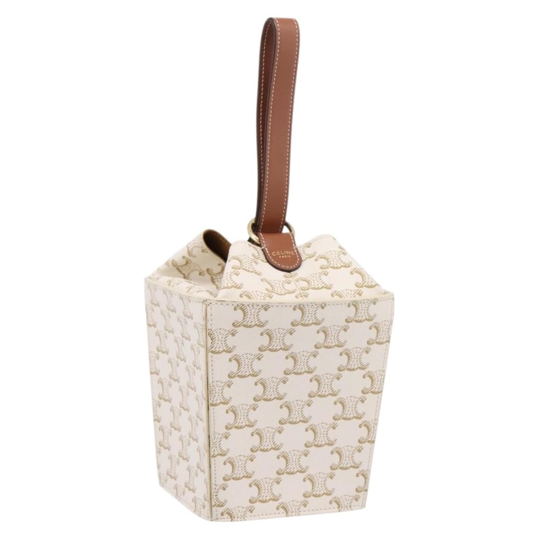 CELINE Triomphe PVC Leather Hand Bag Ivory Gold with Dust Bag: CELINE Triomphe PVC Leather Hand Bag Ivory Gold with Dust Bag Celine Triomphe handbag in ivory and gold PVC leather, made in Italy. Includes a dust bag. Condition is excellent overall, with light sign