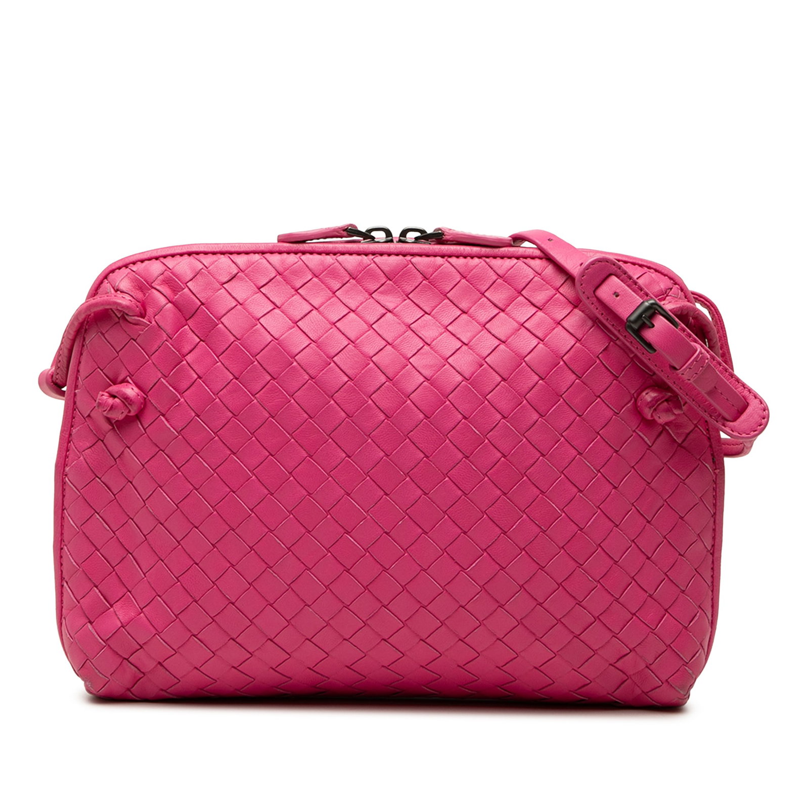 Pink Leather Crossbody Bottega Veneta Nodini Intrecciato Nappa: Pink Leather Crossbody Bottega Veneta Nodini Intrecciato Nappa A Bottega Veneta Nodini crossbody bag crafted in pink nappa intrecciato woven leather. This crossbody style features an adjustable flat l