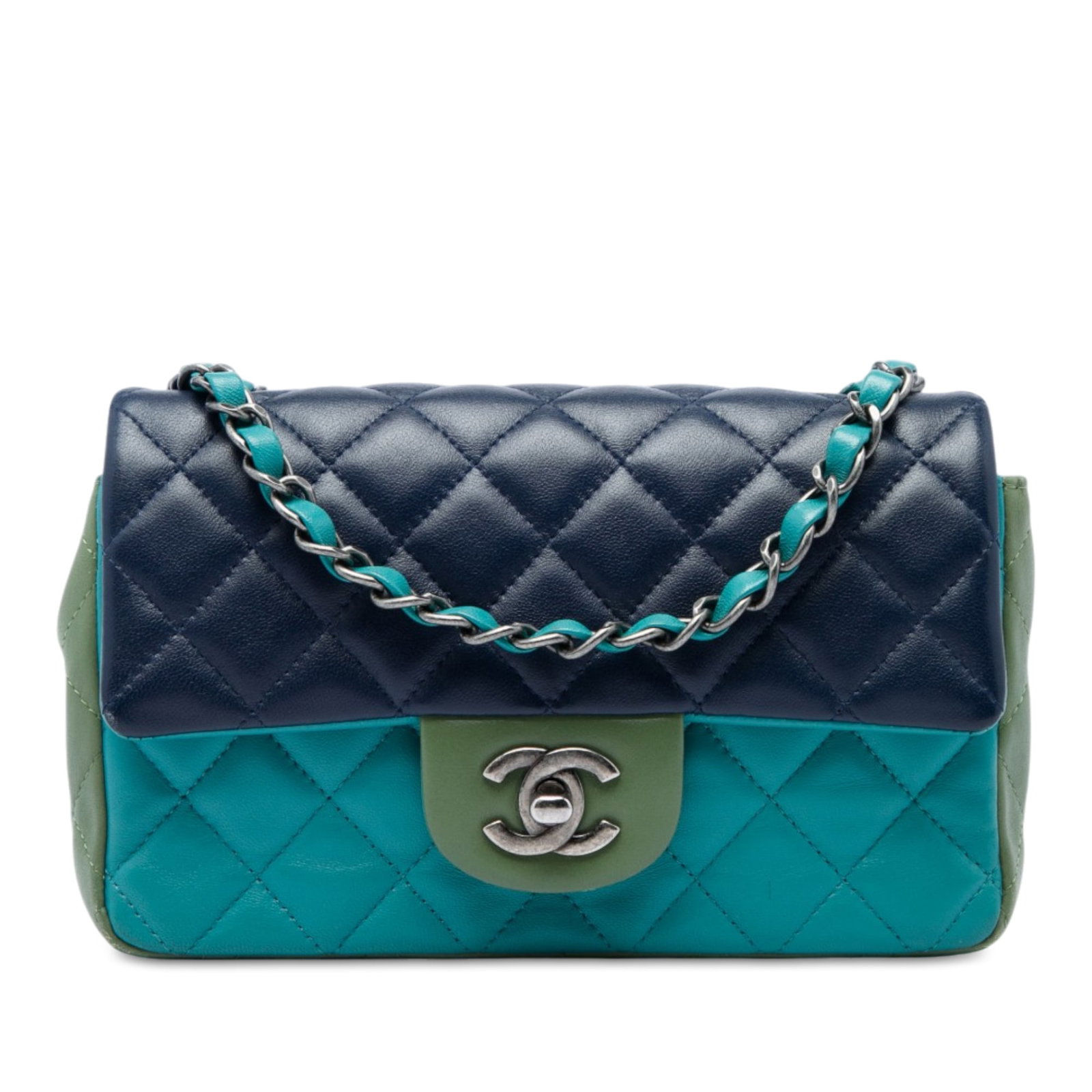 Chanel Mini Rectangular Classic Flap Bag Tricolor Lambskin: Chanel Mini Rectangular Classic Flap Bag Tricolor Lambskin Mini Rectangular Classic Tricolor Single Flap bag in quilted lambskin with a leather-woven chain shoulder strap and front twist-lock closure.