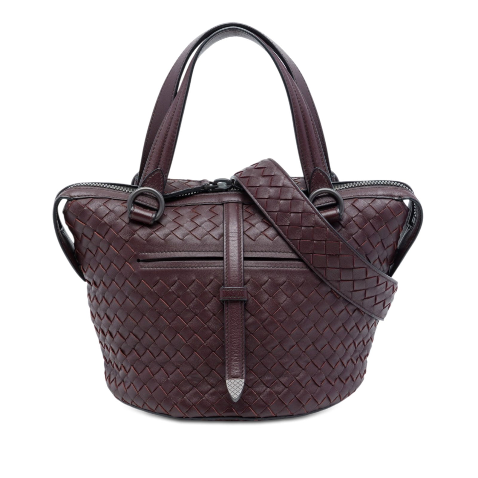 Red Leather Satchel Bottega Veneta Tambura Intrecciato: Red Leather Satchel Bottega Veneta Tambura Intrecciato A Bottega Veneta Tambura satchel crafted in red woven nappa leather. This bag features flat leather handles, a detachable flat leather strap, a t