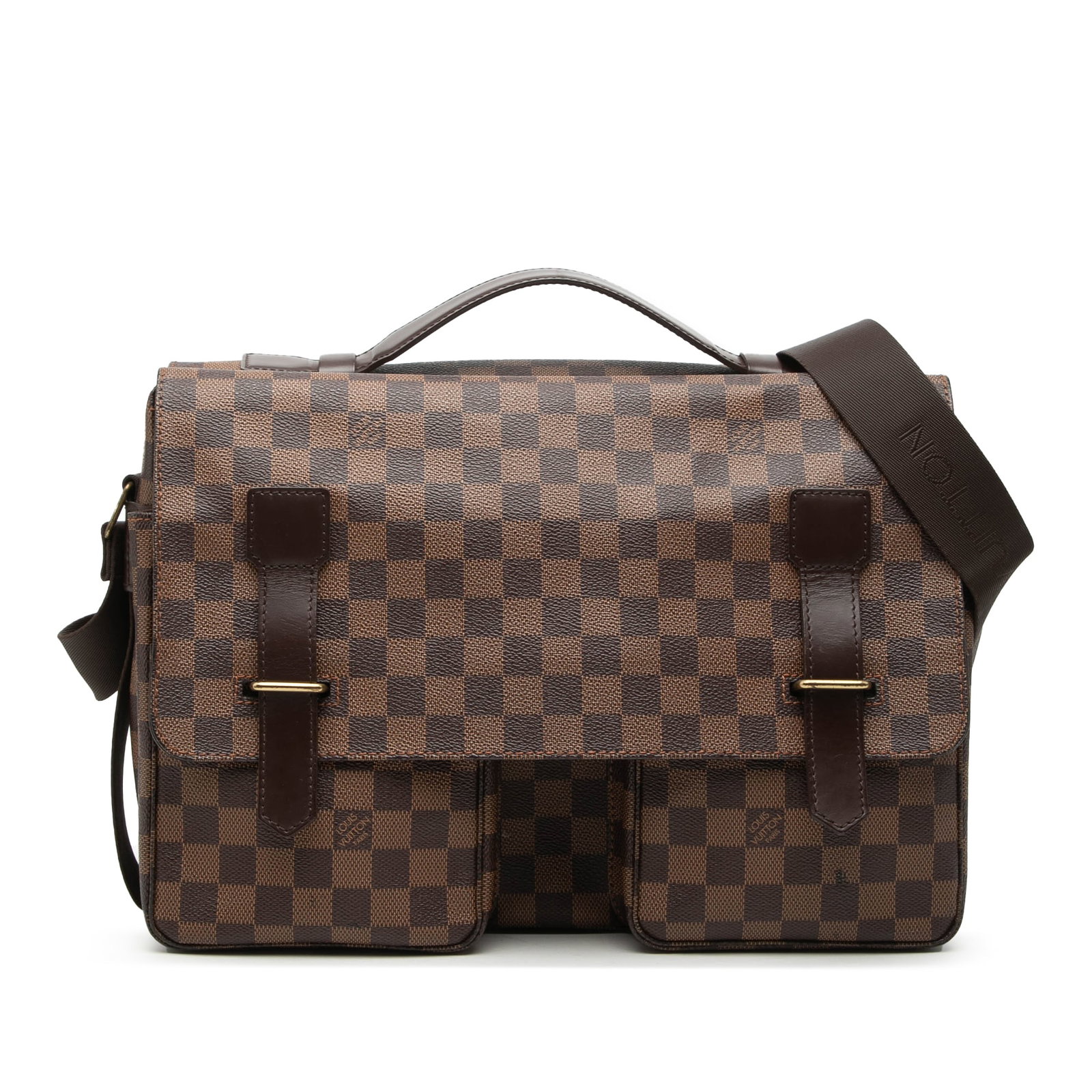 Louis Vuitton Broadway Messenger Bag Damier Ebene Brown: Louis Vuitton Broadway Messenger Bag Damier Ebene Brown A Louis Vuitton Damier Ebene Broadway shoulder bag with a structured, practical design. It features a Damier Ebene canvas body, a flat leather t