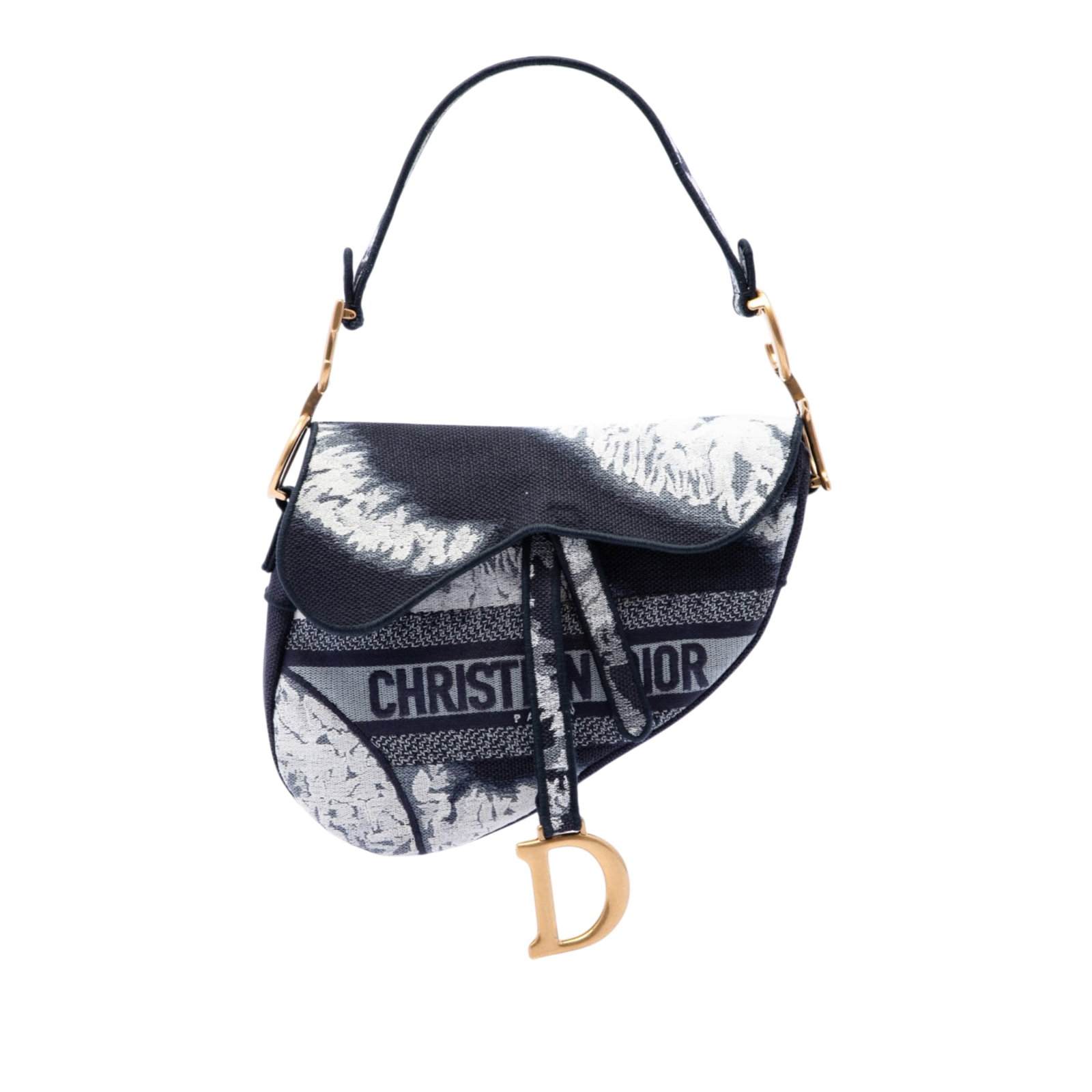 Dior Saddle Bag in Blue Tie Dye Embroidered Canvas: Dior Saddle Bag in Blue Tie Dye Embroidered Canvas Dior Saddle bag in blue tie dye embroidered canvas with a structured silhouette, flat canvas handle, detachable flat strap, flap closure, and an exte