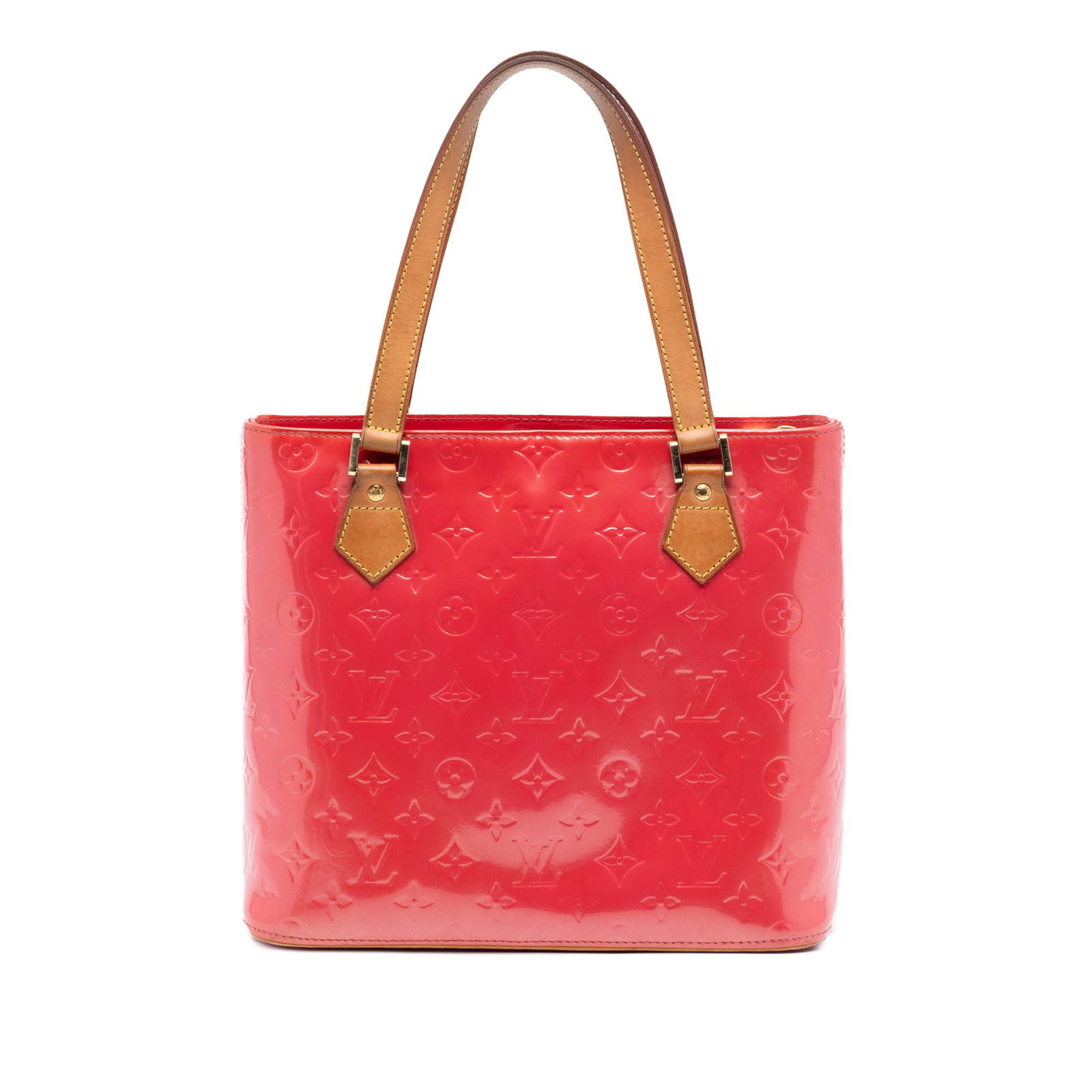 Pink Vernis Leather Houston Tote Bag by Louis Vuitton: Pink Vernis Leather Houston Tote Bag by Louis Vuitton This Louis Vuitton Monogram Vernis Houston bag features glossy vernis leather in pink, flat leather straps, a top zip closure, and interior zip an