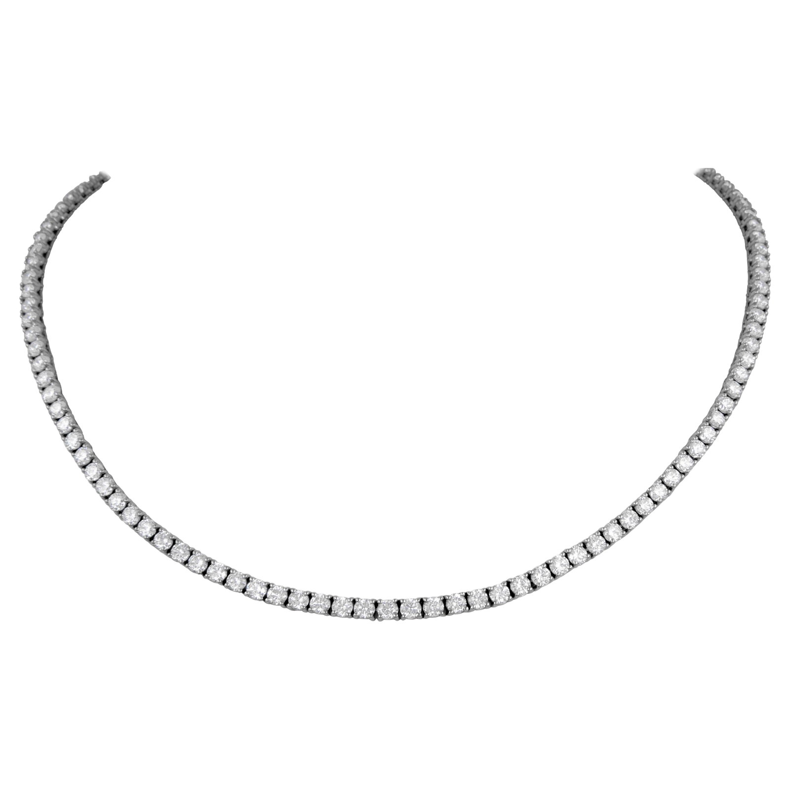18k White Gold Diamond Tennis Necklace 11.20ct 15.5in: 18k White Gold Diamond Tennis Necklace 11.20ct 15.5in Classic diamond tennis necklace set with 93 round brilliant diamonds totaling 11.20 ct in 18k white gold. Approximately D color and VS2 clarity. U