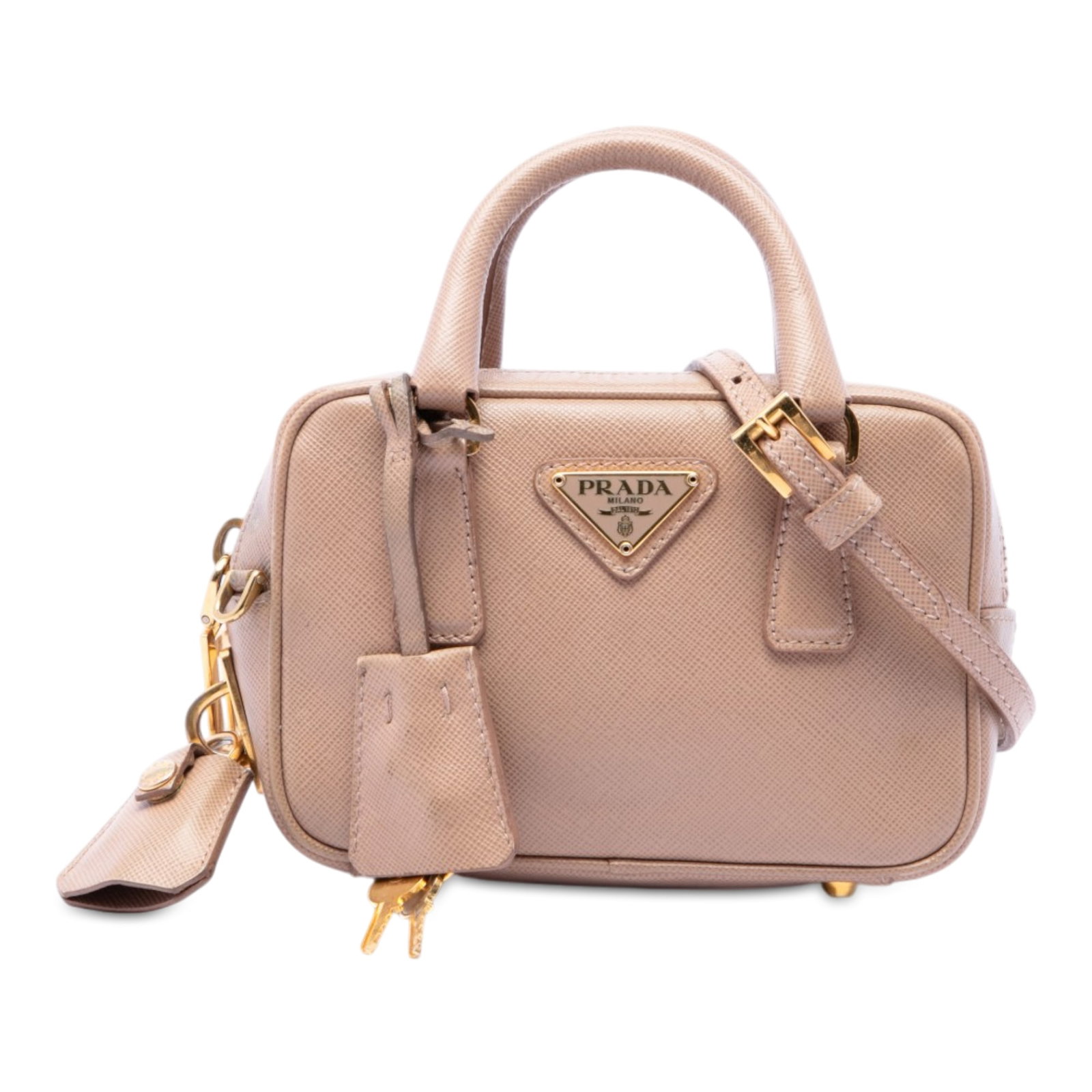 Prada Mini Bauletto Leather Satchel with Shoulder Strap: Prada Mini Bauletto Leather Satchel with Shoulder Strap Compact and structured, this Prada Mini Saffiano Lux Bauletto Bag is crafted in brown leather with rolled top handles, a detachable flat shoulde