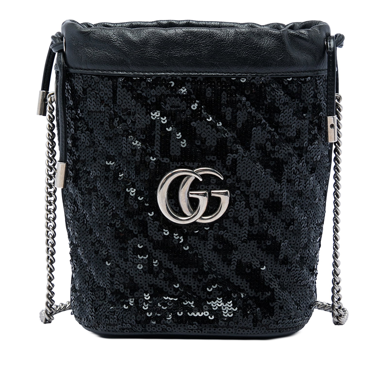 Gucci GG Marmont Small Bucket Bag Black Sequined Calfskin: Gucci GG Marmont Small Bucket Bag Black Sequined Calfskin A Gucci Small GG Marmont bucket bag crafted in black calfskin with diagonal matelasse quilting and sequined detailing. The design features a c