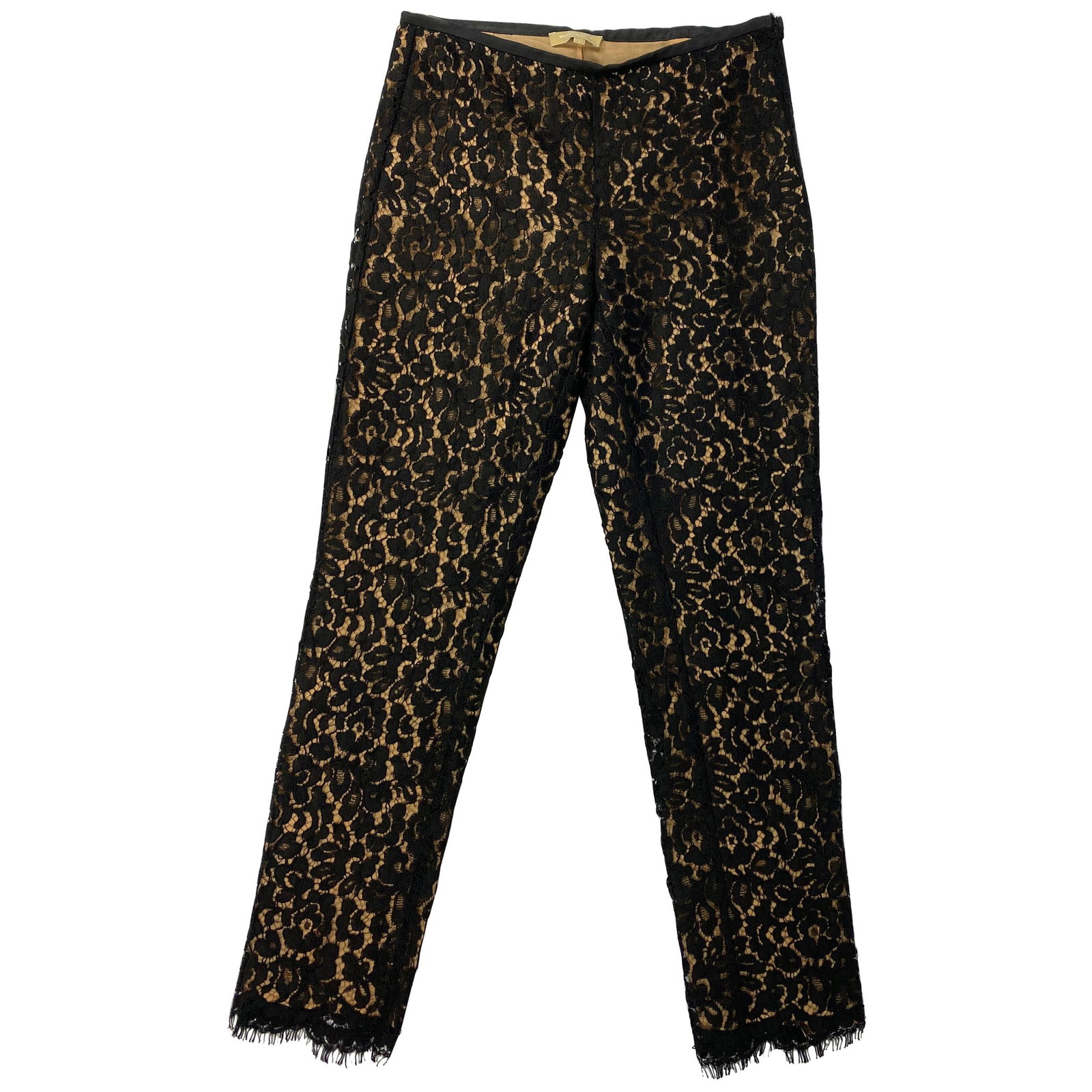 Michael Kors Collection cropped lace pants black beige size 4: Michael Kors Collection cropped lace pants black beige size 4 Michael Kors Collection skinny pants in black and beige cotton with floral lace detail. Designed with a cropped silhouette and side zip cl