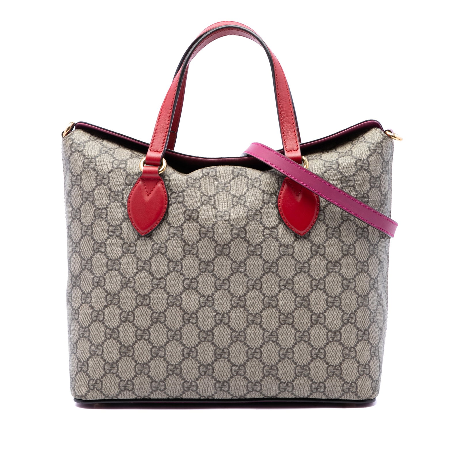Gucci GG Supreme Linea A satchel with fold over top: Gucci GG Supreme Linea A satchel with fold over top Gucci GG Supreme Linea A Fold Over Tote crafted in coated canvas with flat leather handles and a detachable flat leather strap. The design features 