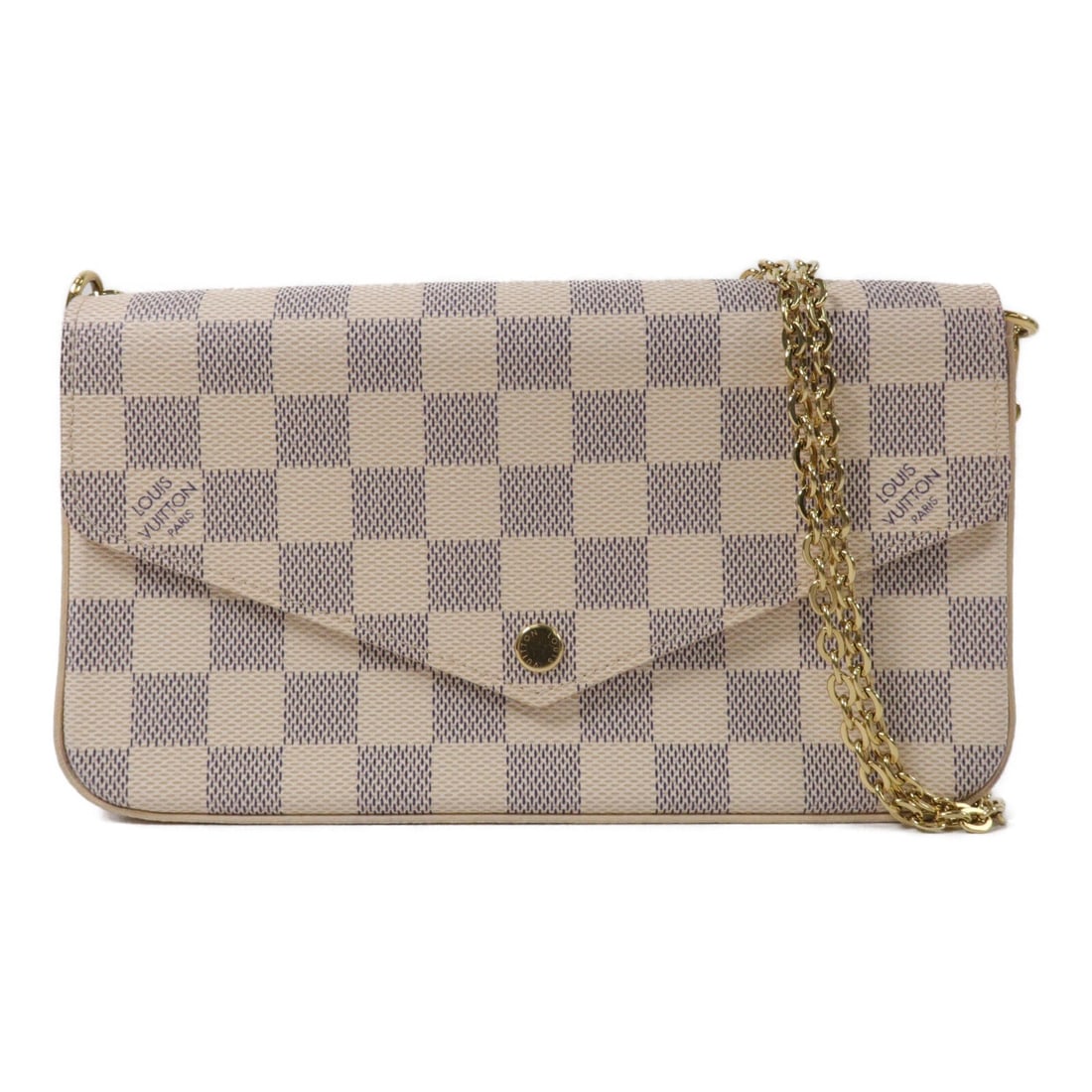 Louis Vuitton Felicia Pochette Damier Azur Chain Shoulder Bag N40491: Louis Vuitton Felicia Pochette Damier Azur Chain Shoulder Bag N40491 A Louis Vuitton Felicia Pochette Chain Shoulder Bag in Damier Azur with GHW. It features a chain shoulder strap, hook button closur