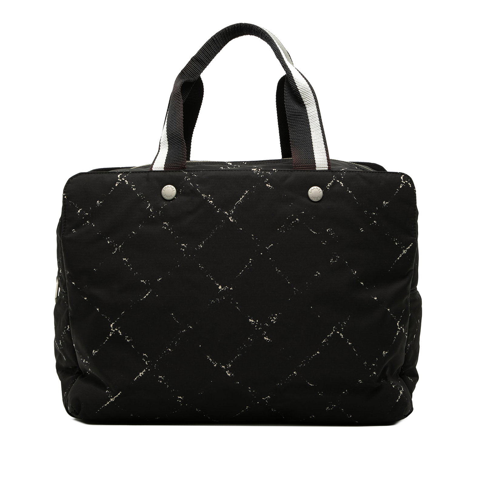 Chanel Old Travel Line Black Nylon Zip Tote Bag: Chanel Old Travel Line Black Nylon Zip Tote Bag Chanel Old Travel Line handbag crafted with a nylon body in black. It features flat handles, a top zip closure, and an interior with zip and slip pocket