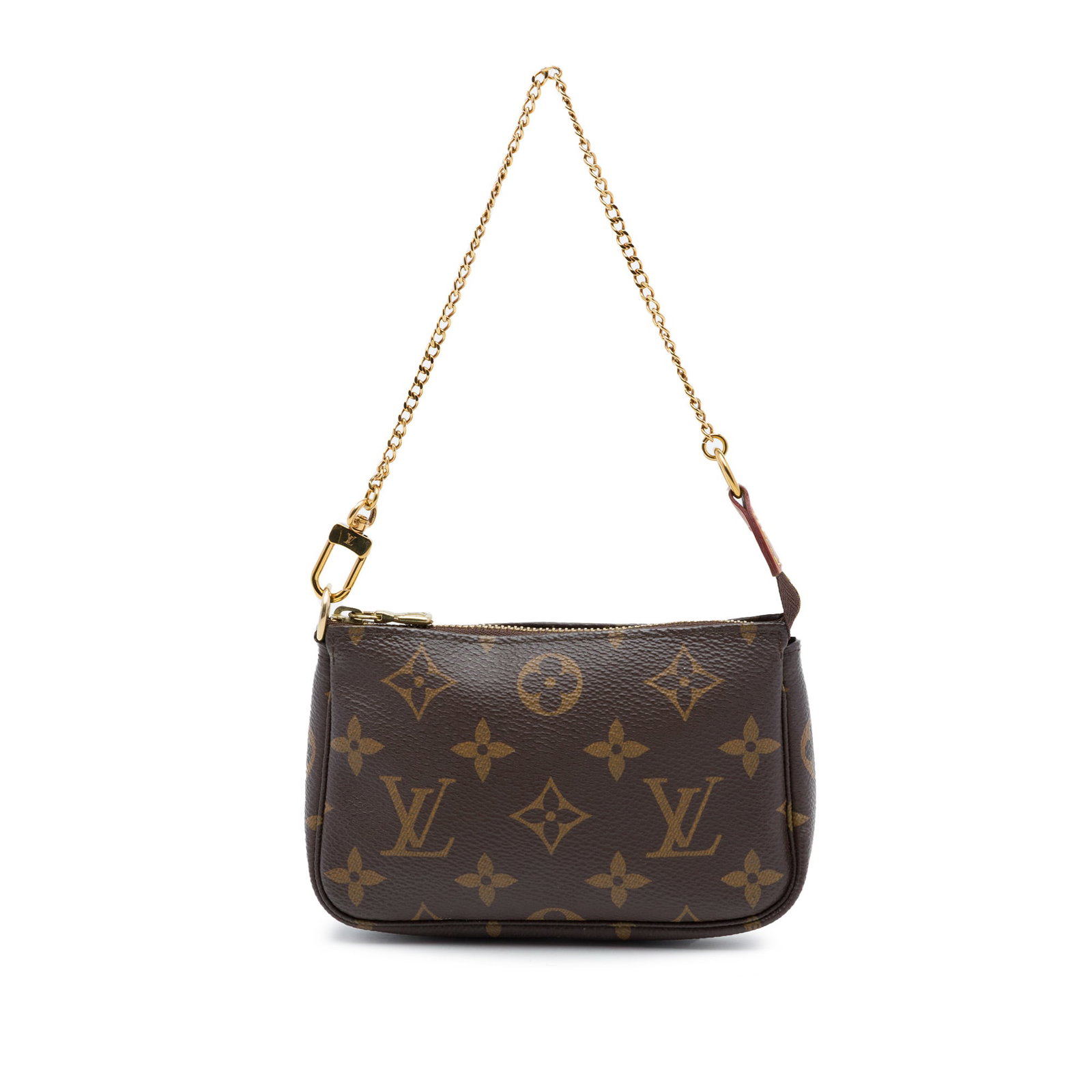 Louis Vuitton Monogram Mini Pochette Zip Top Bag: Louis Vuitton Monogram Mini Pochette Zip Top Bag Louis Vuitton Monogram Mini Pochette Accessoires in brown monogram canvas with a gold-tone chain strap and top zip closure. Made in France. Condition A
