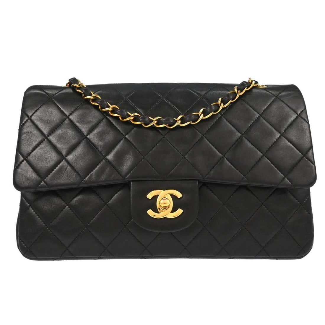 CHANEL Classic Double Flap Medium Shoulder Bag Black Lambskin: CHANEL Classic Double Flap Medium Shoulder Bag Black Lambskin Chanel Medium Classic Double Flap shoulder bag in black lambskin leather with a turn-lock closure and shoulder strap. This women's bag fea
