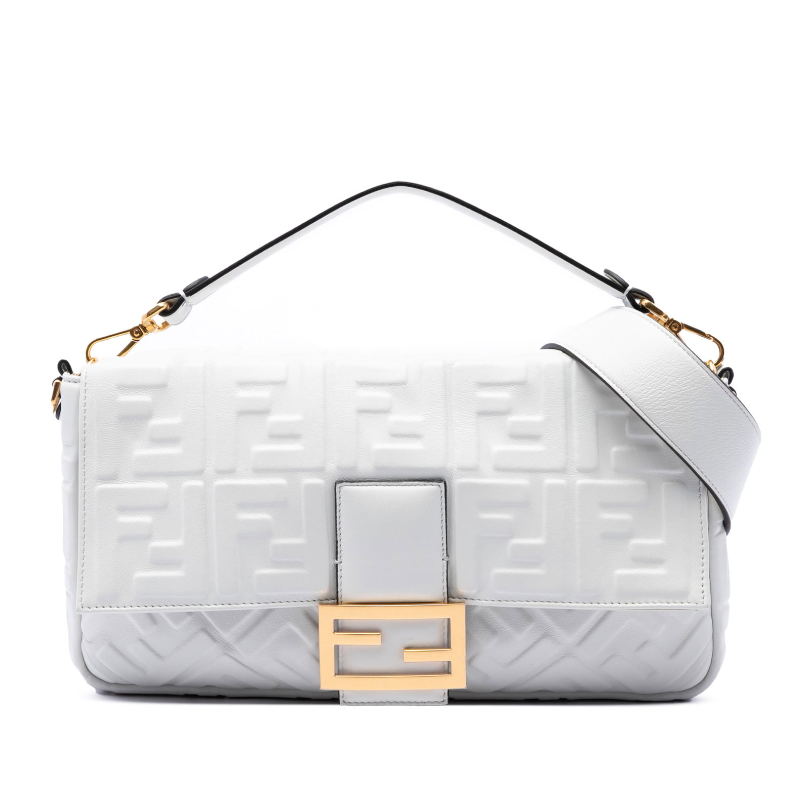 Fendi Baguette Satchel in White Embossed Zucca Leather: Fendi Baguette Satchel in White Embossed Zucca Leather Large Fendi Baguette satchel in white embossed leather with the Zucca motif. This bag features a detachable top handle, a detachable flat leather