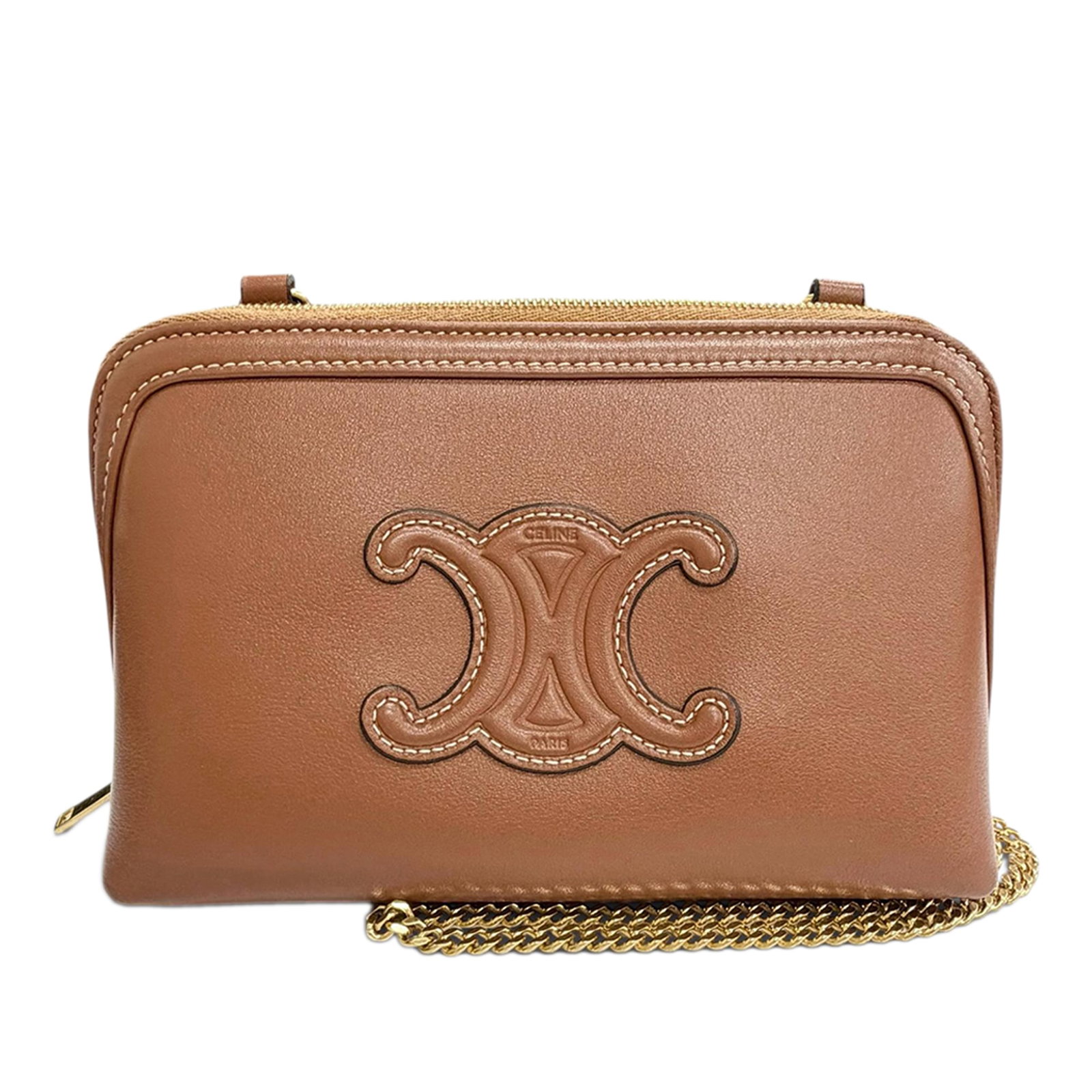 Celine Cuir Triomphe leather clutch on chain bag: Celine Cuir Triomphe leather clutch on chain bag Celine Smooth Calfskin Cuir Triomphe Clutch on Chain in brown leather. This crossbody bag features a leather body with leather trim, a chain-link shoul