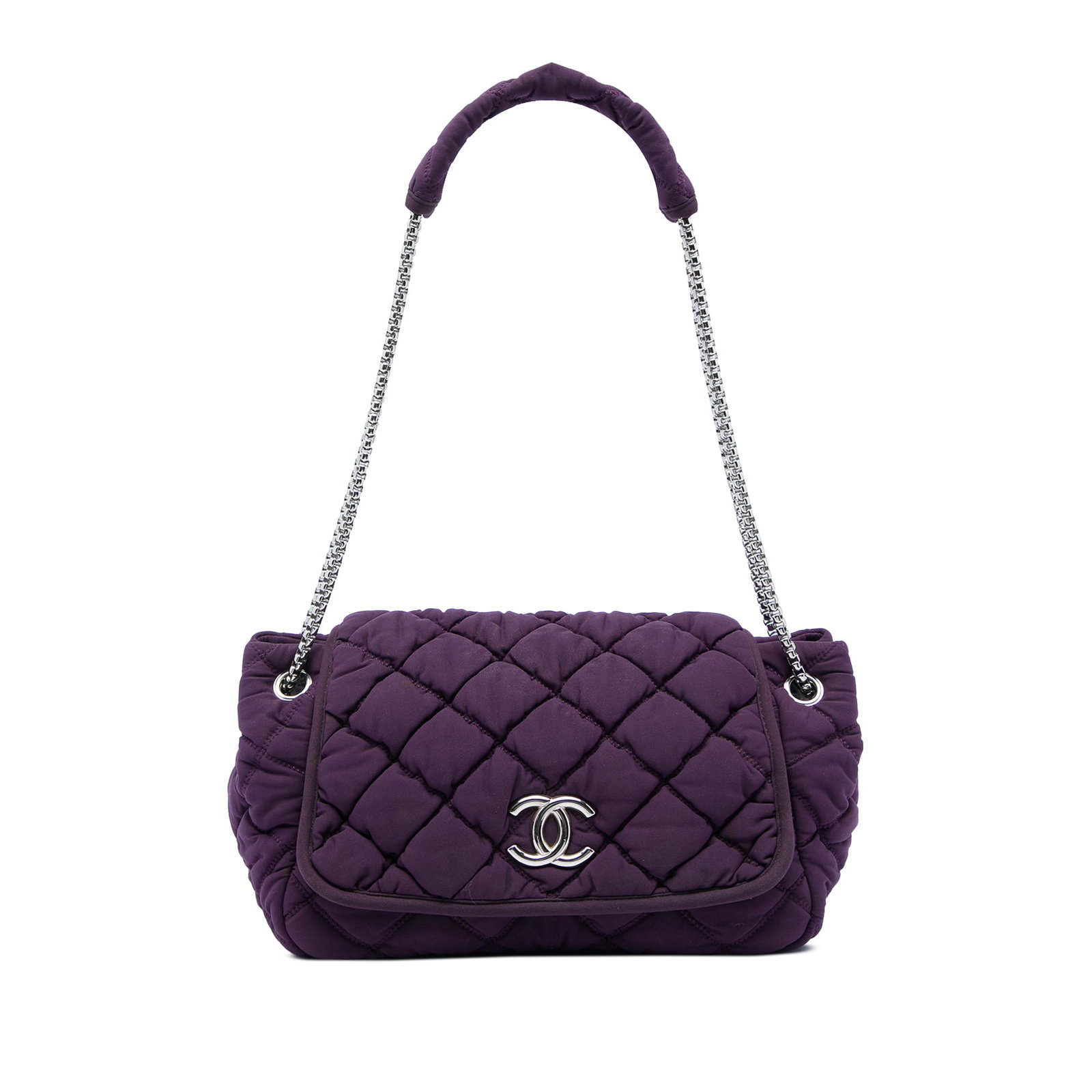 Chanel Accordion Chain Flap Shoulder Bag Purple Quilted Nylon: Chanel Accordion Chain Flap Shoulder Bag Purple Quilted Nylon Chanel Nylon Bubble Quilt Accordion Chain Flap shoulder bag in purple quilted fabric. It features chain link shoulder straps with nylon gu