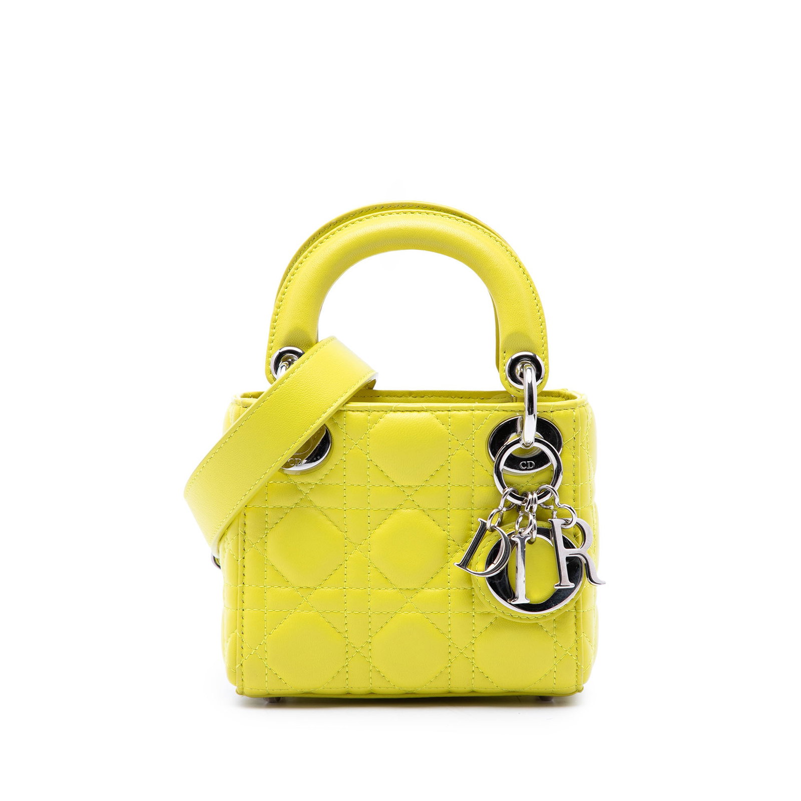 Dior Lady Dior Micro Cannage Lambskin Bag Yellow: Dior Lady Dior Micro Cannage Lambskin Bag Yellow A compact Lady Dior bag crafted in yellow quilted lambskin leather with the Cannage pattern. It features flat leather top handles, an adjustable and de