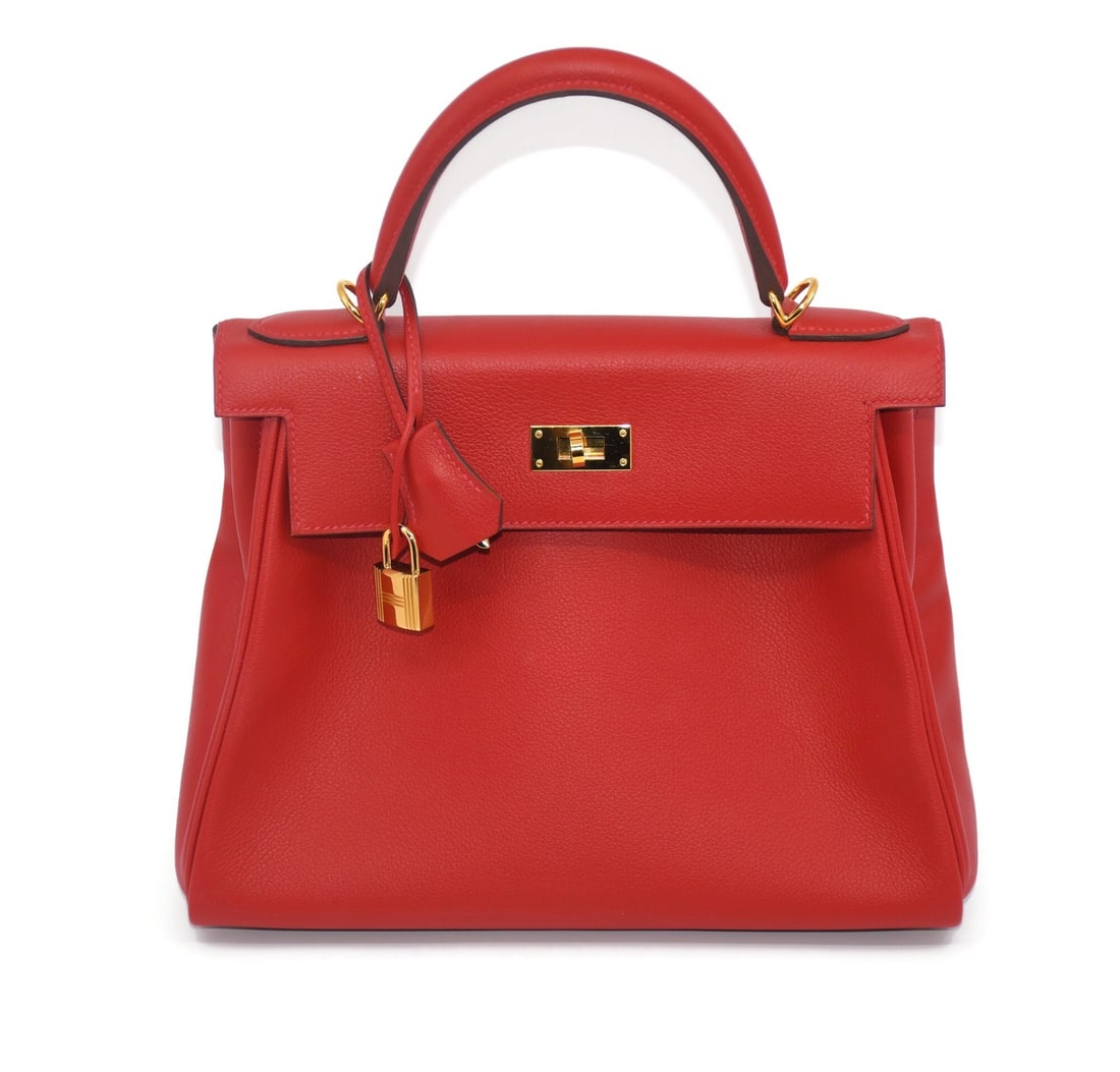 Hermes Kelly 28cm Red Leather Shoulder Bag: Hermes Kelly 28cm Red Leather Shoulder Bag Pre-owned Hermes Kelly 28cm shoulder bag in red leather from the Hermes Kelly line. Made in France, this women's bag comes with a dust bag. Specifications Br