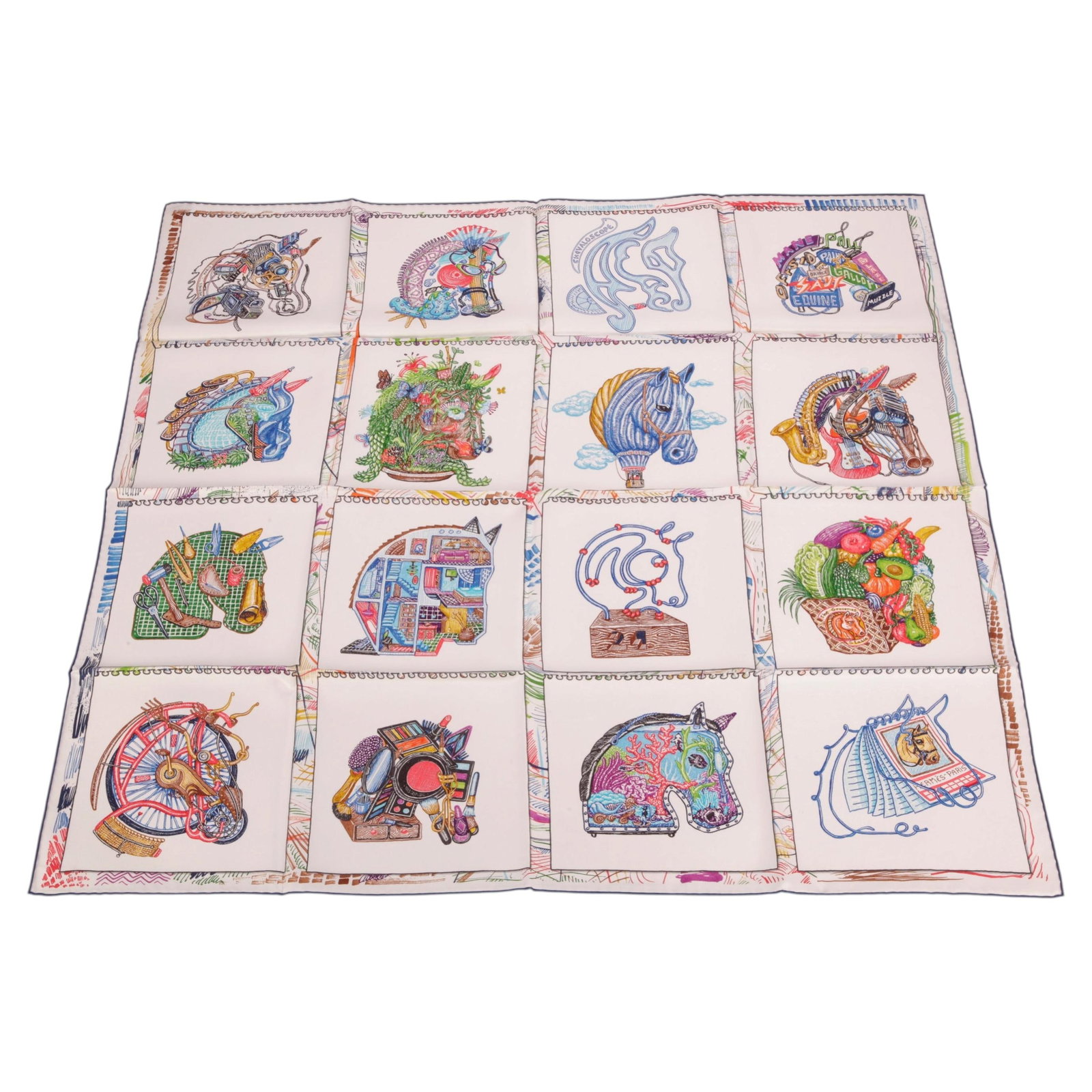 Hermes Chevaloscope 35 in Silk Scarf with Box: Hermes Chevaloscope 35 in Silk Scarf with Box Hermes "Chevaloscope" silk scarf from the Spring/Summer 2022 collection, illustrated by Greek artist Elias Kafouros. The design features 16 different hors