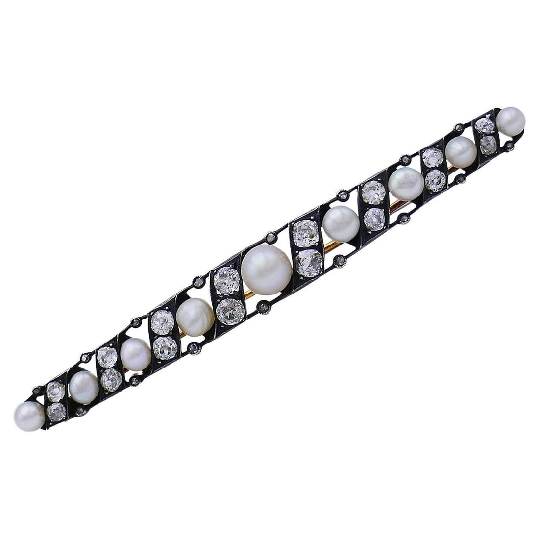 Victorian tie pin with natural pearls and diamonds in silver 14k gold (1 of 7)