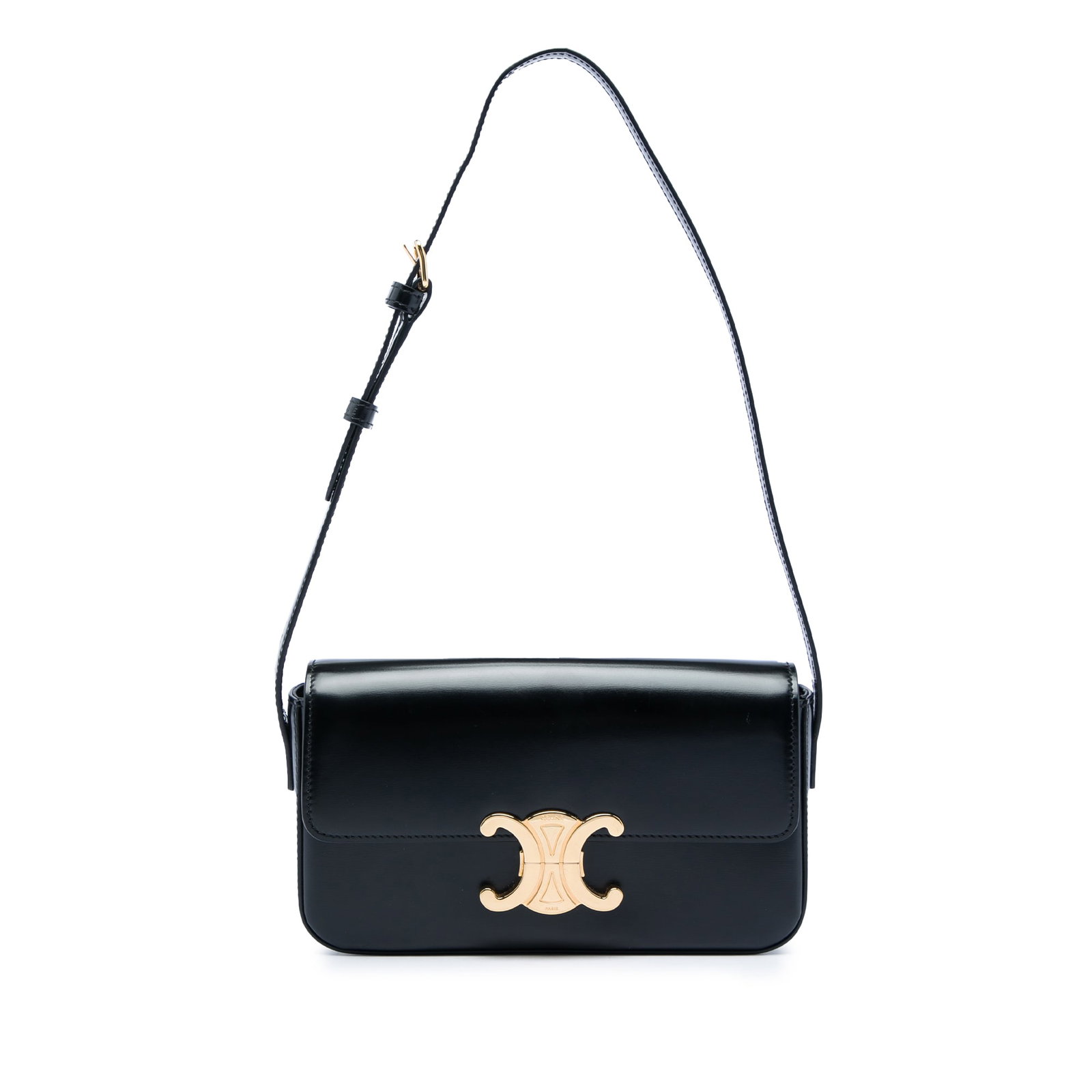Celine Triomphe Claude black leather shoulder bag: Celine Triomphe Claude black leather shoulder bag Celine Triomphe Claude shoulder bag crafted in shiny calfskin leather with a structured silhouette and classic flap-front design. It features an adjus