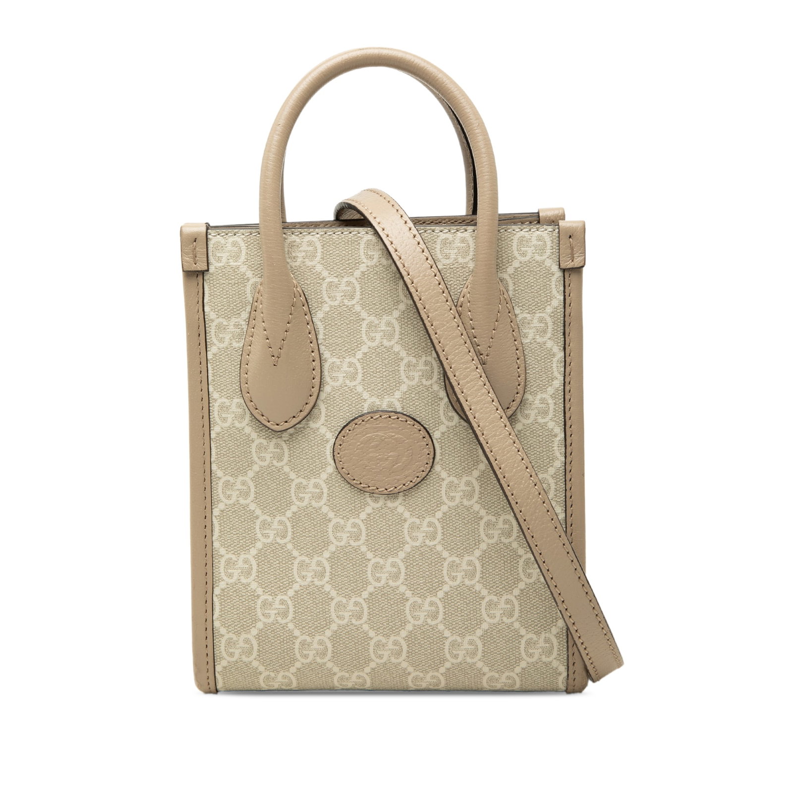 Gucci Interlocking G Mini Satchel in GG Supreme Canvas: Gucci Interlocking G Mini Satchel in GG Supreme Canvas A Gucci Mini GG Supreme Interlocking G Satchel crafted with a coated canvas body and leather trim. This compact satchel features rolled leather h