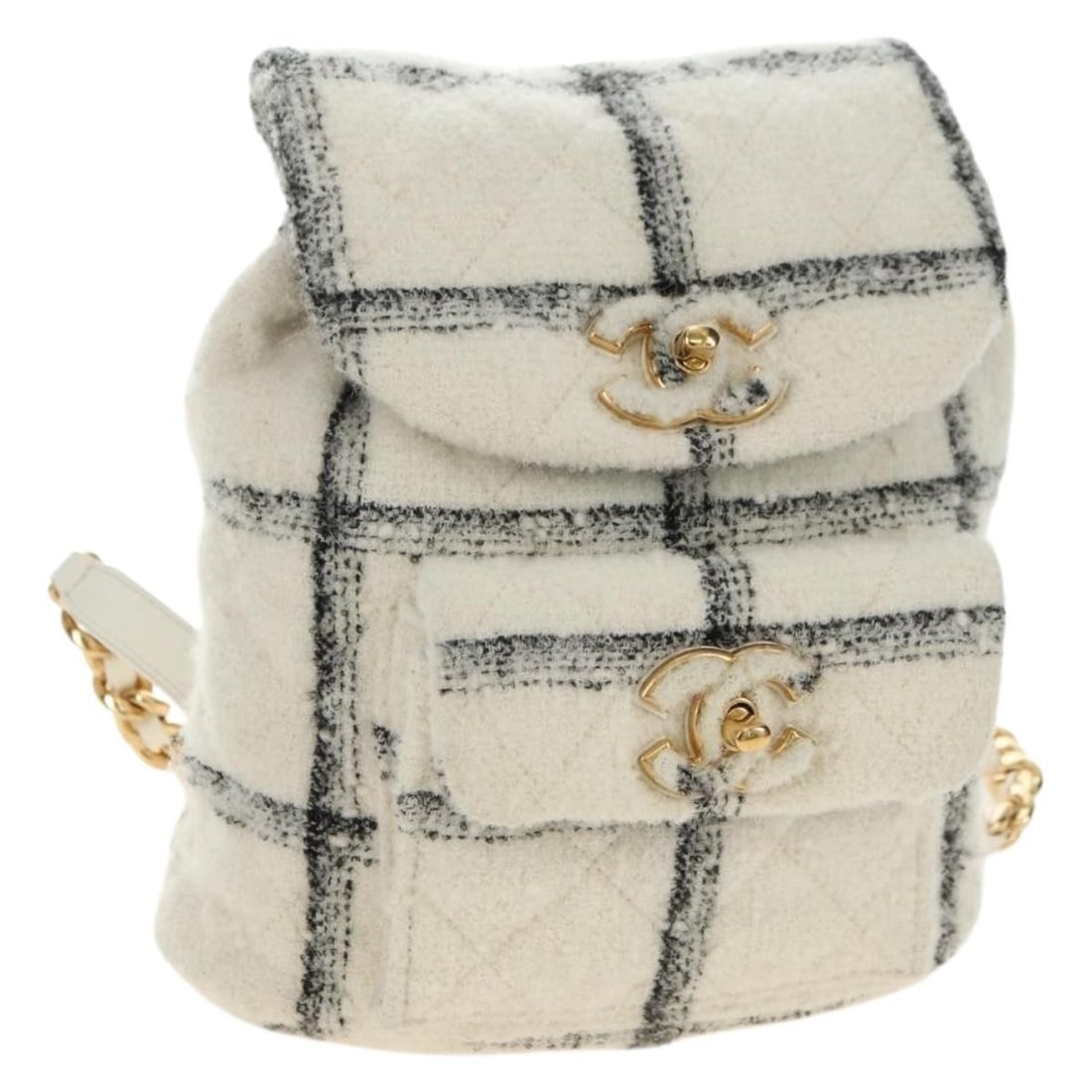 CHANEL CC Chain Backpack Ivory Pile with Dust Bag Box: CHANEL CC Chain Backpack Ivory Pile with Dust Bag Box CHANEL Matelasse chain backpack in ivory and gold with a wool tweed pile exterior. Made in Italy, this women's backpack includes the dust bag and 