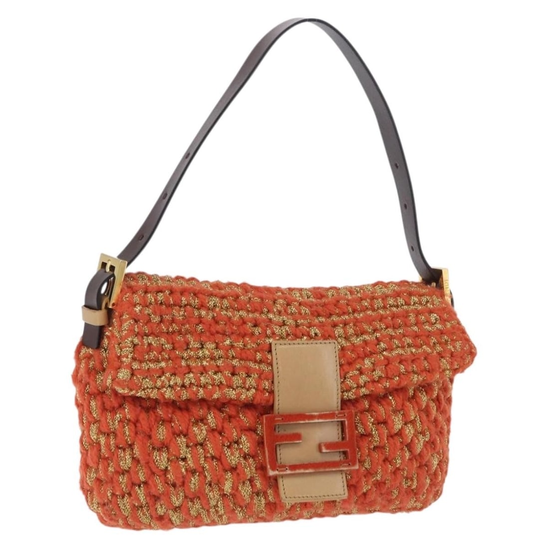 FENDI Mamma Baguette Wool Shoulder Bag Orange Gold Tone: FENDI Mamma Baguette Wool Shoulder Bag Orange Gold Tone Fendi Mamma Baguette shoulder bag in orange knitted wool with gold-tone accents. Made in Italy, this women's shoulder bag includes a dust bag. C