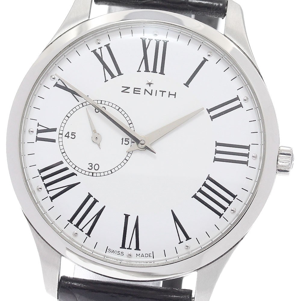 Zenith Elite Heritage Ultra Thin Mens Automatic Watch Ref 03.2010.681 11.C493: Zenith Elite Heritage Ultra Thin Mens Automatic Watch Ref 03.2010.681 11.C493 Zenith Elite Heritage Ultra Thin automatic men's wristwatch with a white dial, stainless steel case, and leather strap. Th