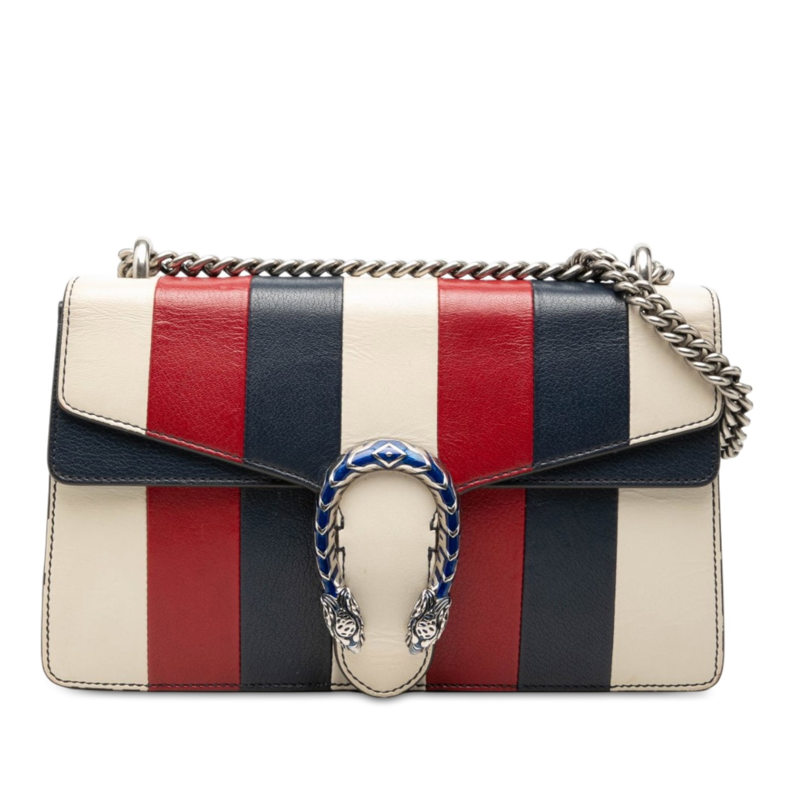 Gucci Dionysus Medium Shoulder Bag in White Striped Calfskin: Gucci Dionysus Medium Shoulder Bag in White Striped Calfskin Gucci Dionysus medium shoulder bag crafted in striped calfskin leather with a structured flap-front design. It features a silver-tone chain