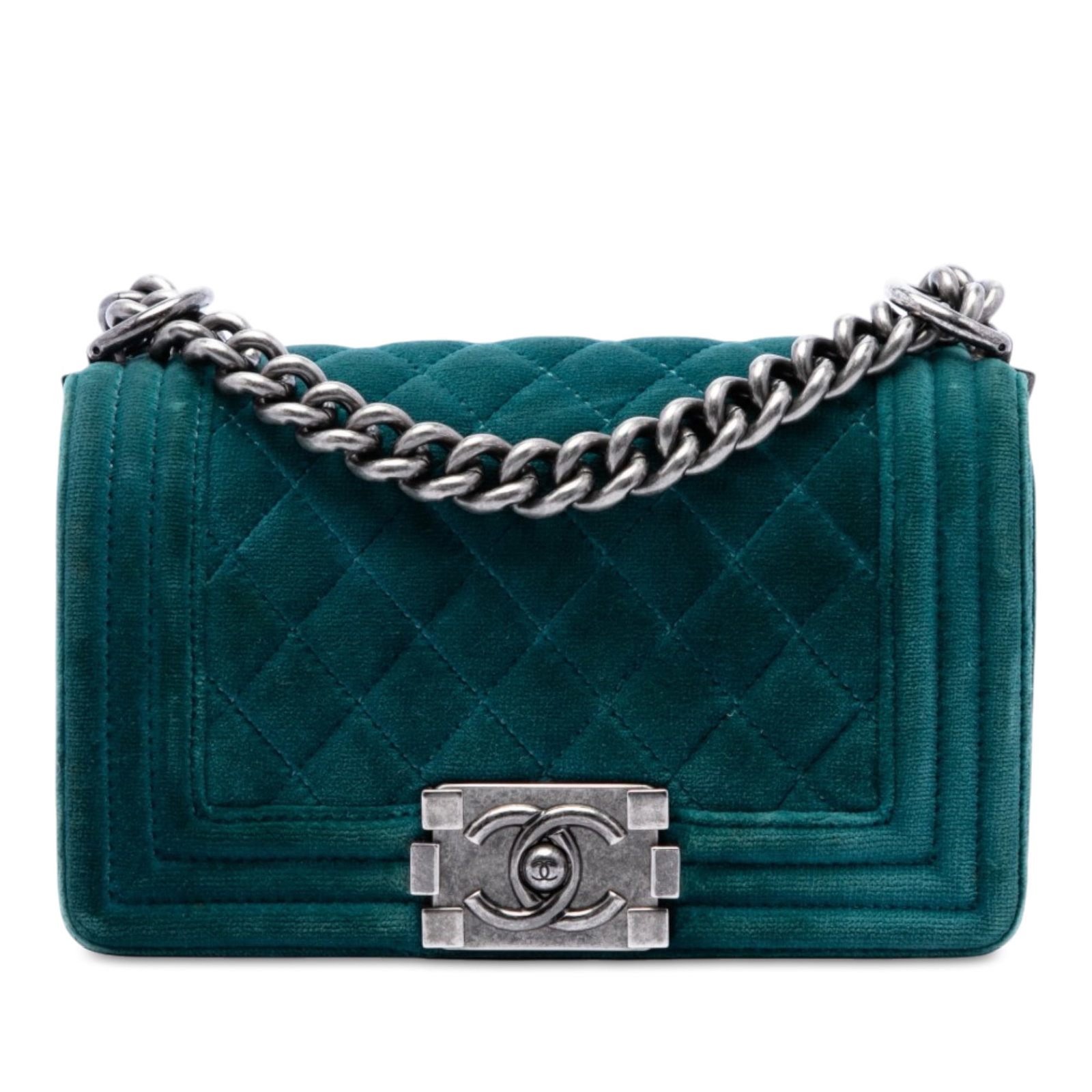 Chanel Boy Flap Small Blue Quilted Velvet Shoulder Bag: Chanel Boy Flap Small Blue Quilted Velvet Shoulder Bag A Chanel Small Boy Flap bag crafted in quilted blue velvet with the signature structured silhouette. It features a curb chain with an adjustable 